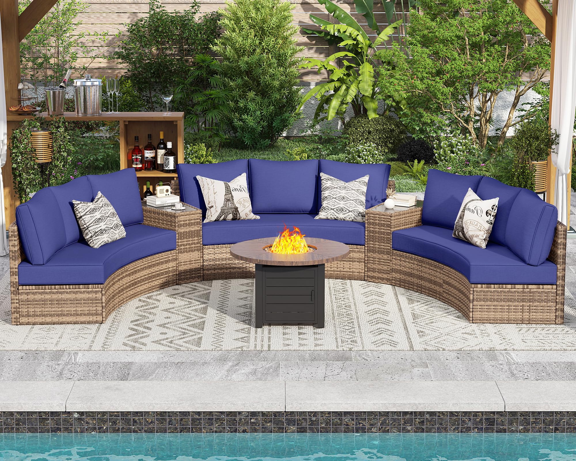PaPaJet 11-Piece Patio Furniture Set, Half-Moon Outdoor Wicker Sectional Sofa with Large Storage Wedge Table, All-Weather Wicker Conversation Set for Backyard, Garden, or Deck, Blue