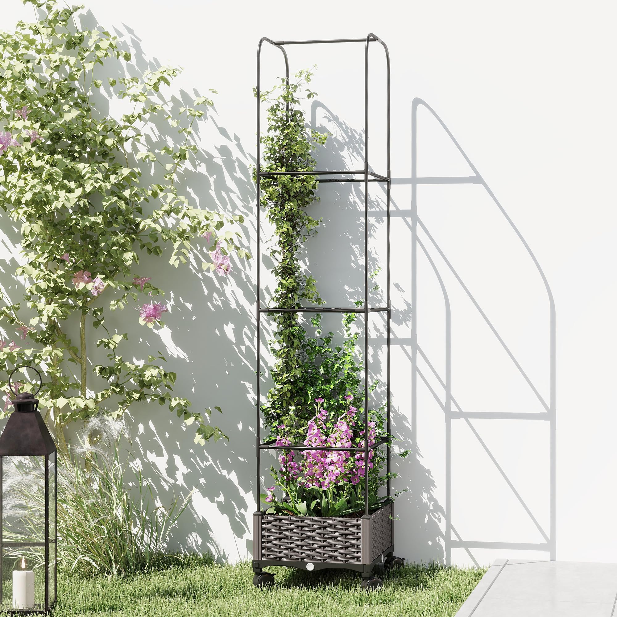 Outsunny Letto da Giardino Rialzato Alto 185 cm Autoirrigante in Metallo con Traliccio, con 4 Ruote Bloccabili per Piante Rampicanti, Fioriera con Fori di Drenaggio per Verdure e Fiori, Nero