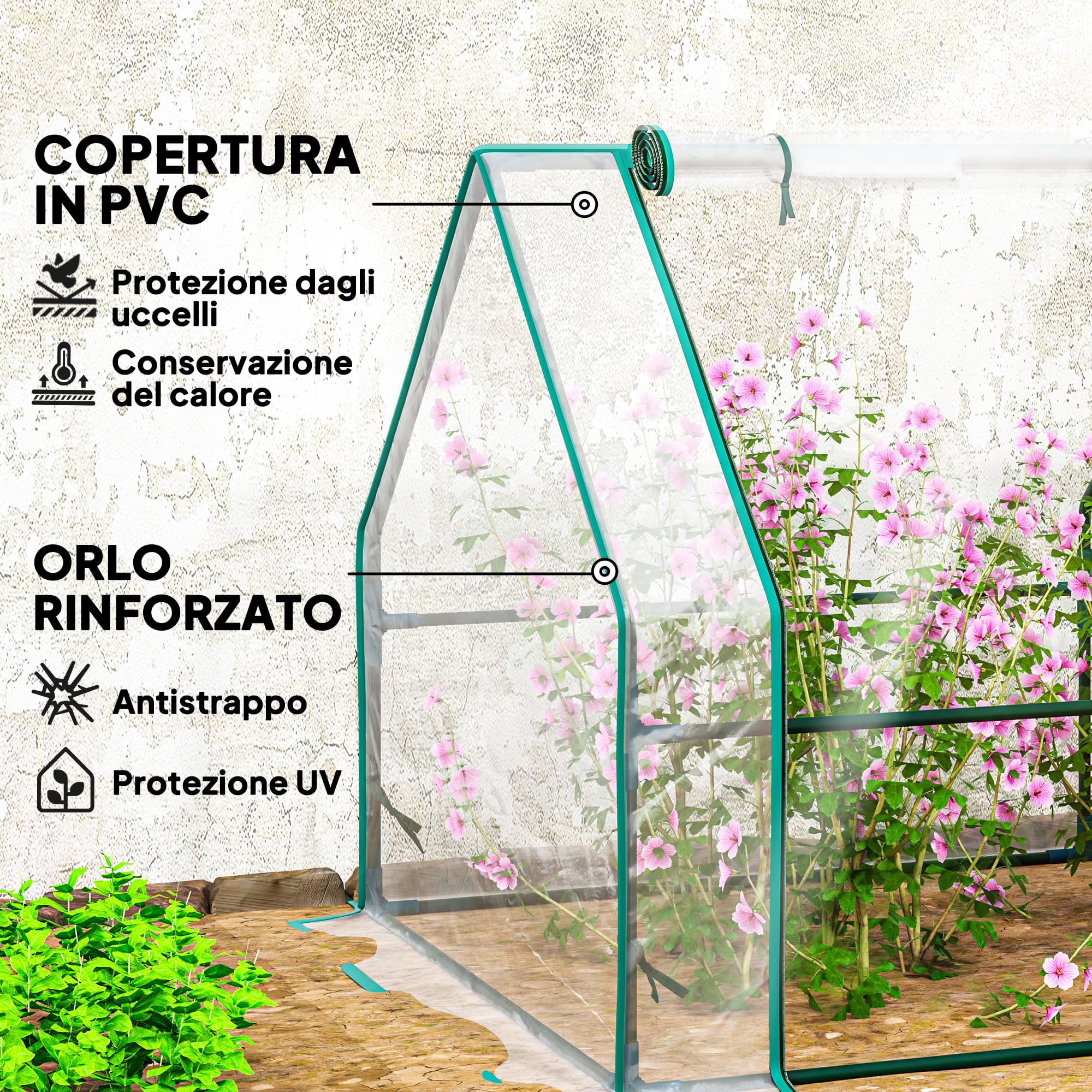 Outsunny Serra da Giardino 4 Porte Avvolgibili 360x90x90 cm Trasparente | a Cerniera, Serra per Orto, Struttura in Acciaio, Copertura PVC, per Orto Verdure Fiori Frutta