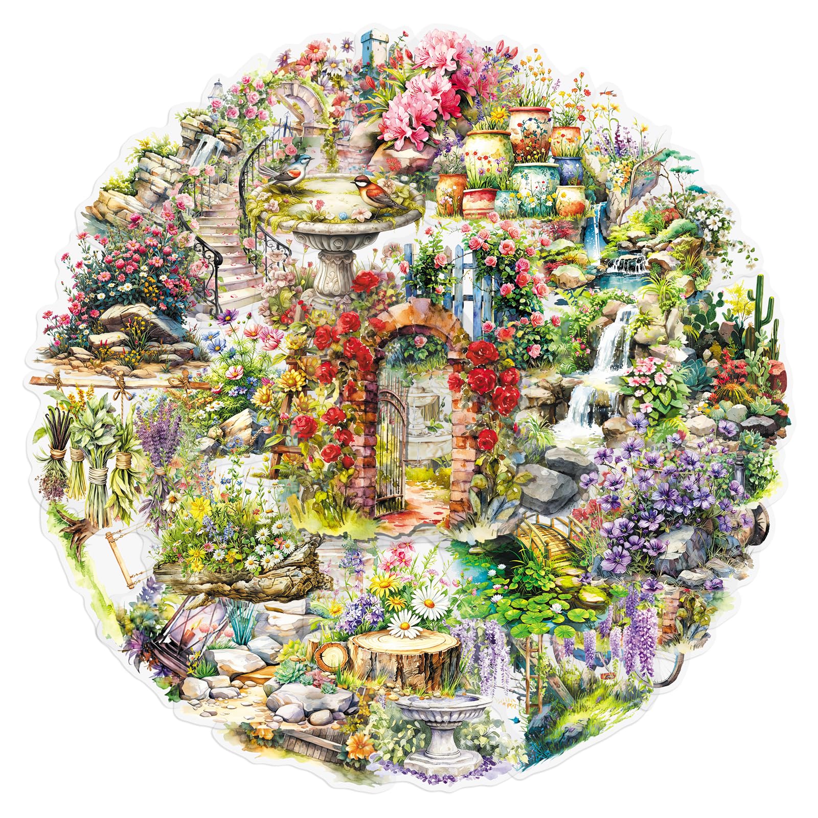 Garden Scenery Stickers 50Pcs,Clear PET Watercolour Floral Decals with Secret Garden,Fountain,Plants and Landscape Designs for Scrapbook Journals, Laptops,Bottles and DIY Craft Decoration
