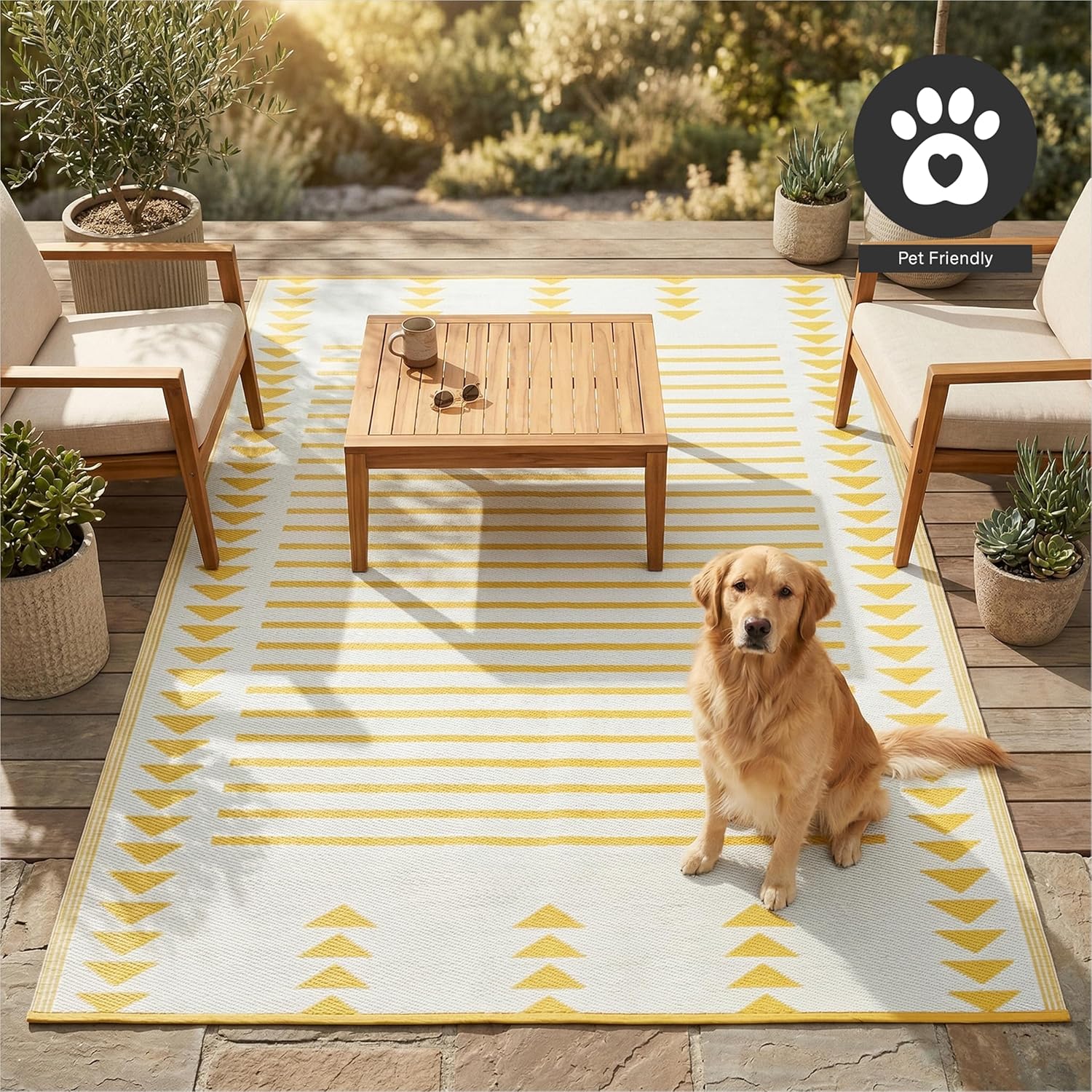 FH Home Outdoor Rug - Waterproof, Fade Resistant, Crease-Free - Premium Recycled Plastic - Geometric - Porch, Deck, Balcony, Mudroom, Laundry Room, Patio - Hampton - Yellow Crease Free - 3 x 5 ft