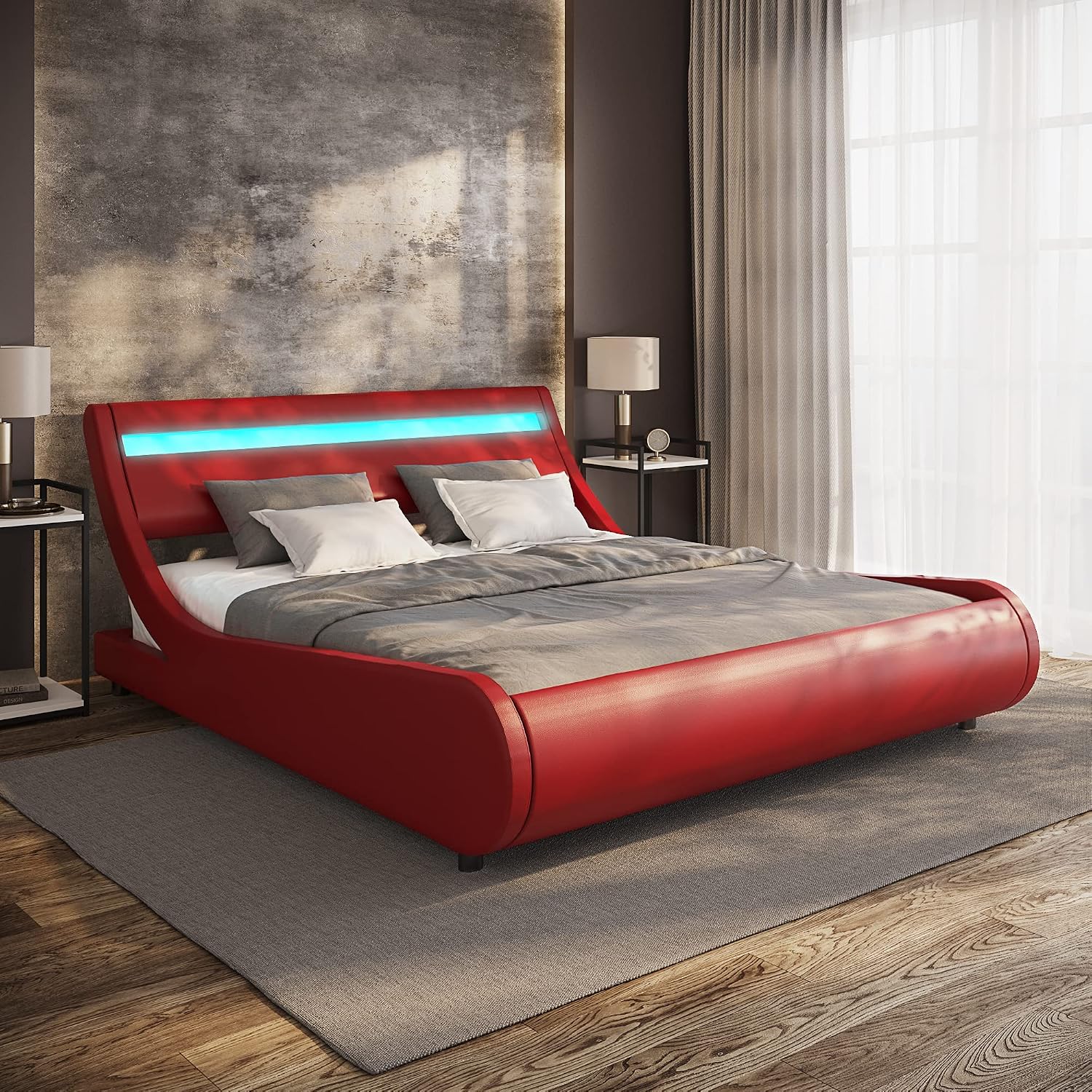 ZTOZZ Naples-z Wave Like LED Bed Frame King Size - Sleigh Contemporary Modern Curved PU upholstered Low Profile Platform Bed with Designer LED Lights headboard - Red Color