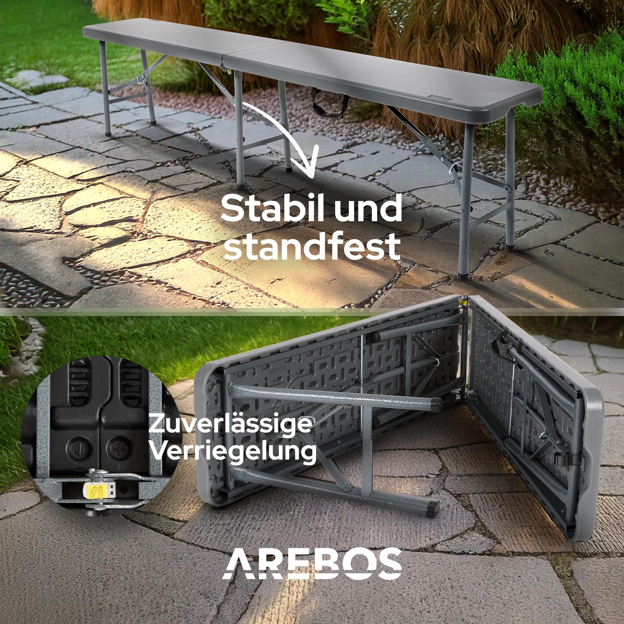 Arebos 2X Bierbank Faltbank Klappbar I Tragegriff | 183 x 28 x 43 cm Klappbank Camping Garten Party Bank Campingbank Bierzeltbank, Gartenbank, Sitzbank 2er Set | Anthrazit