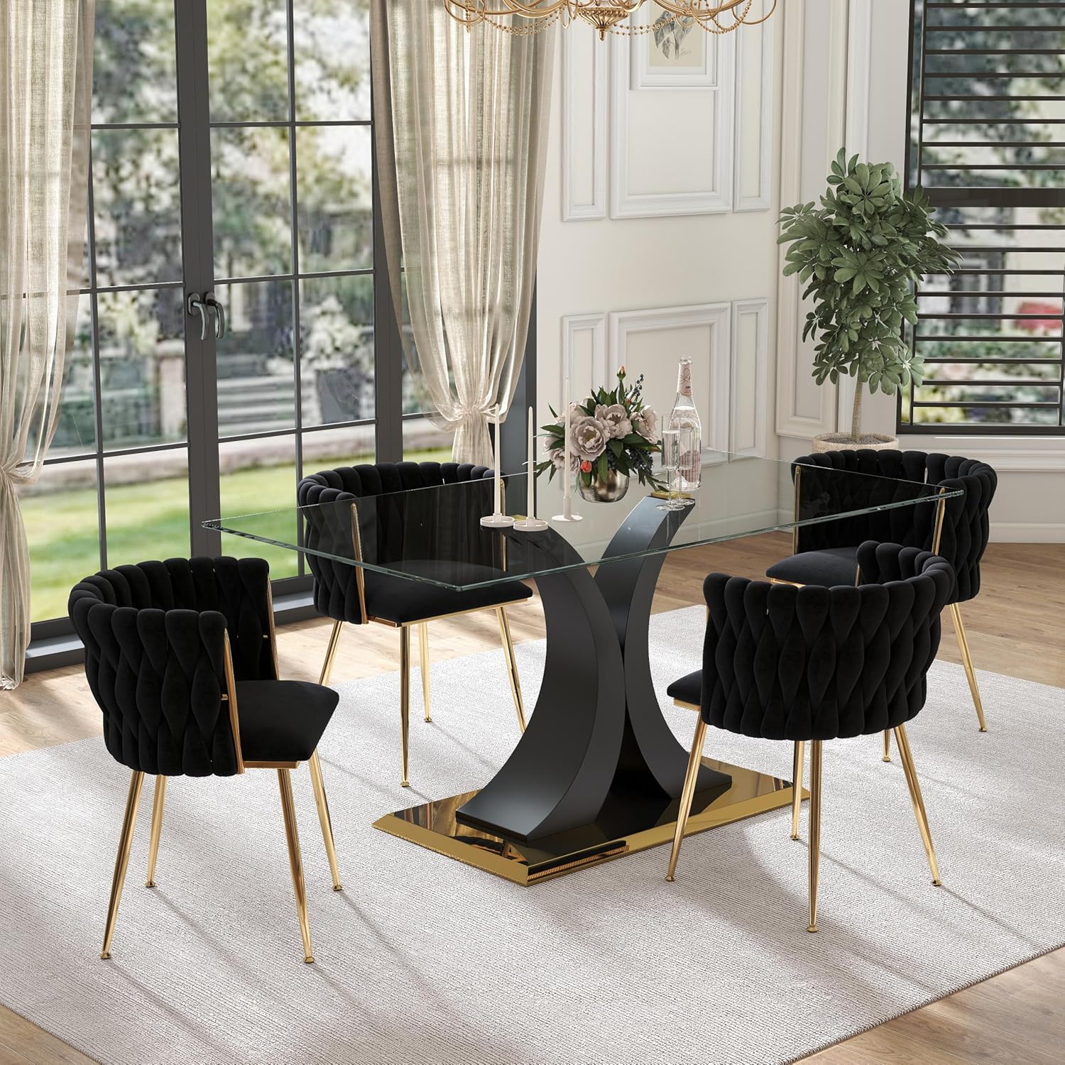 5 Pieces Modern Luxury Glass Dining Set, Large Minimalist