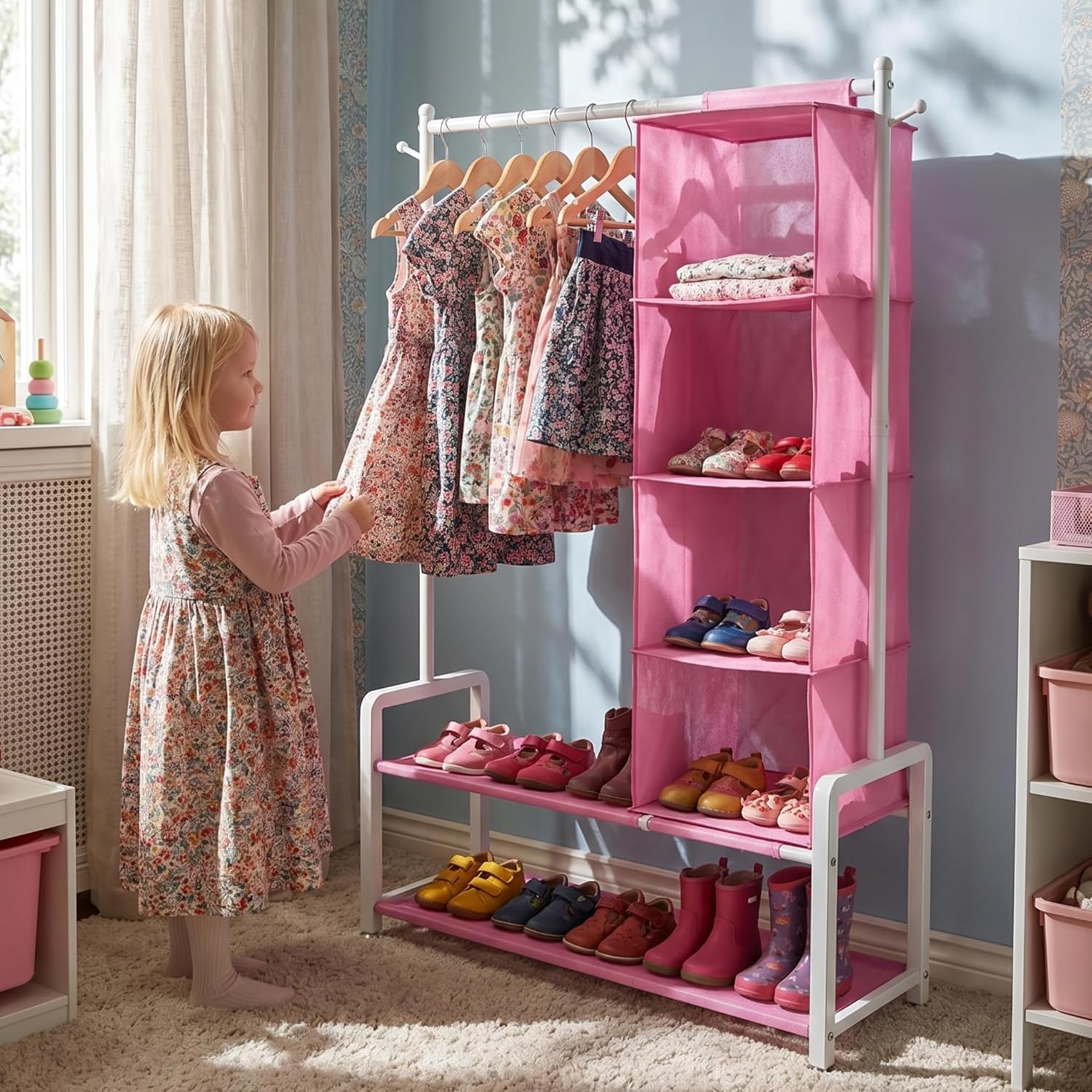 CZWL&HG 51" Tall Toddler Dress Up Rack, Sturdy Metal Baby & Kids Clothes Rack with 2 Fabric Shelves & Hanging Organizer for Little Girls Dress Up Storage, Princess Room Bedroom Decor (Pink)