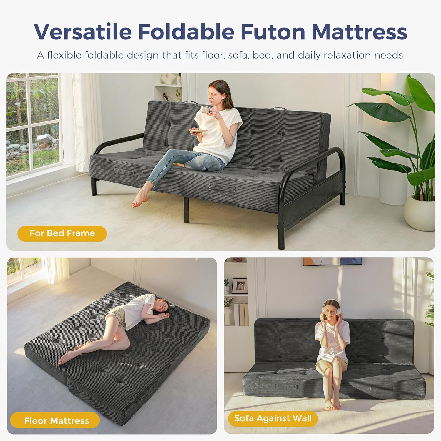 MAXYOYO 8" Foldable Floor Sofa Bed, Tufted Foldable Couch Bed Thick Folding Mattress with Handles, Versatile Folding Sofa Couch for Floor Sleeping, Living Room & Guest Room, Dark Grey