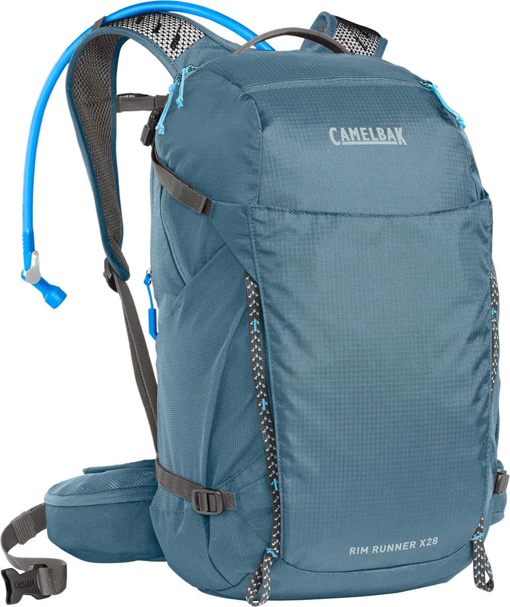 Mochila de hidratación para senderismo Rim Runner X28 para mujer con depósito Crux de 2 litros, ajuste específico para mujeres y soporte ventilado para caminatas de un día largo, Crystal Blue 2.0 | Ajuste específico para mujer para comodidad durante todo el día, soporte de panel trasero transpirable, cinturón de cadera ventilado con almacenamiento de carga