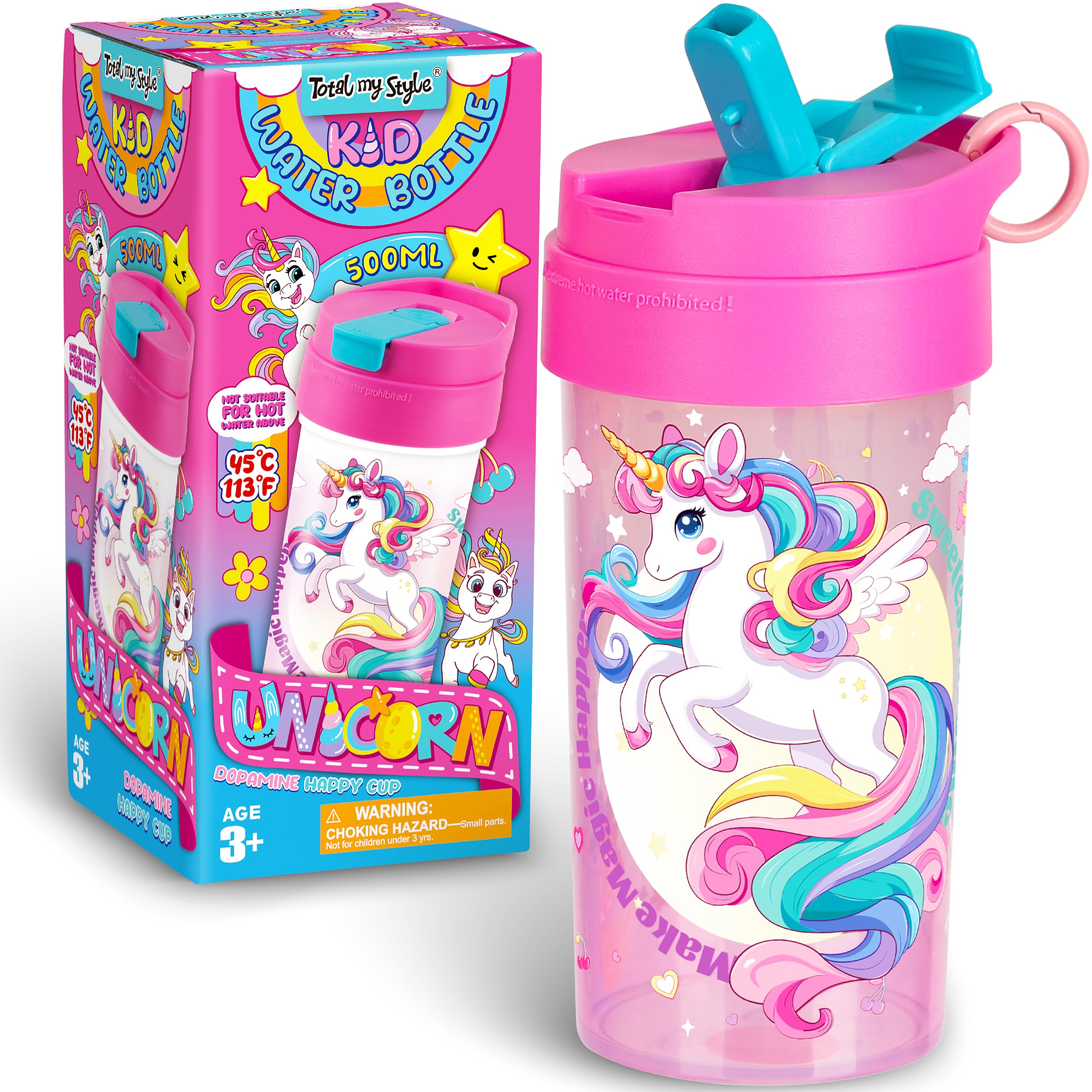 17oz Unicorn Kids Water Bottle, Total My Style Toddler Spout Cover and Carry Handle Design Lid Leak Proof BPA free Cup for Girls Ages 3+ Dishwasher Safe for Sports School Travel with Silicon Straw