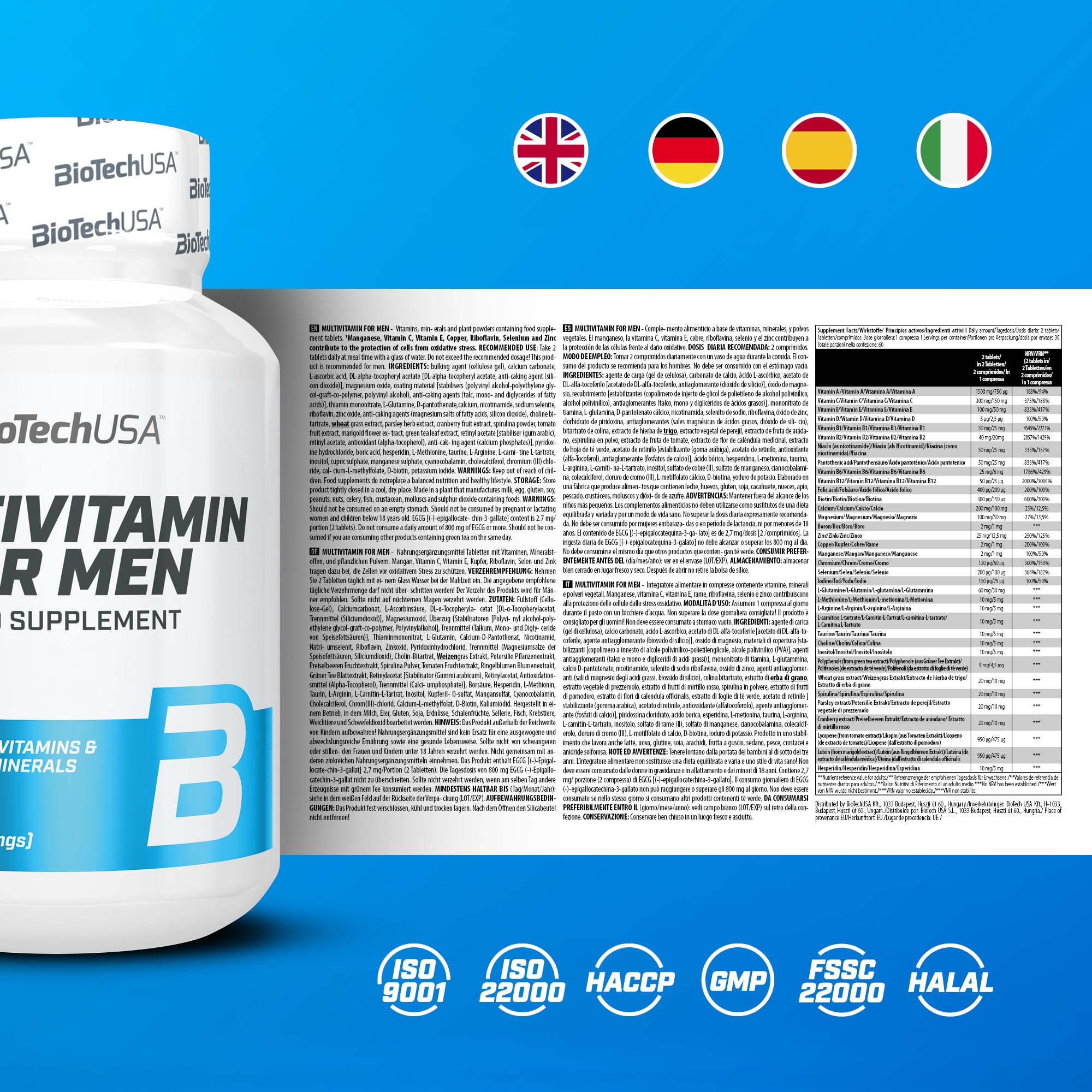 BioTechUSA Multivitamin For Men - Supporto completo per uomini attivi | 38 sostanze attive | Supporto energetico, immunitario e muscolare | Difesa antiossidante, 60 compresse