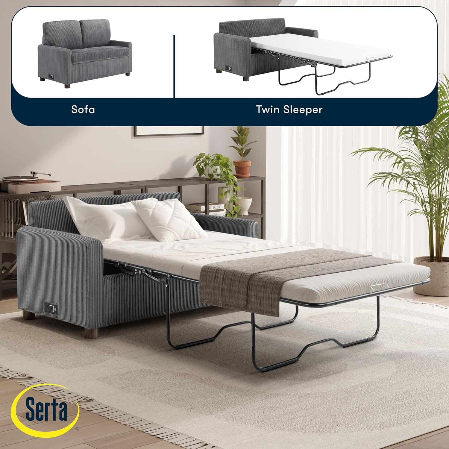 Serta® Darnold 53.5" Pull-Out Sleeper Loveseat, Twin Size, Dreamcoil® Comfort, Memory Foam Pull-Out Mattress, USB-C and USB-A Power Ports, Soft Corduroy Fabric, Grey