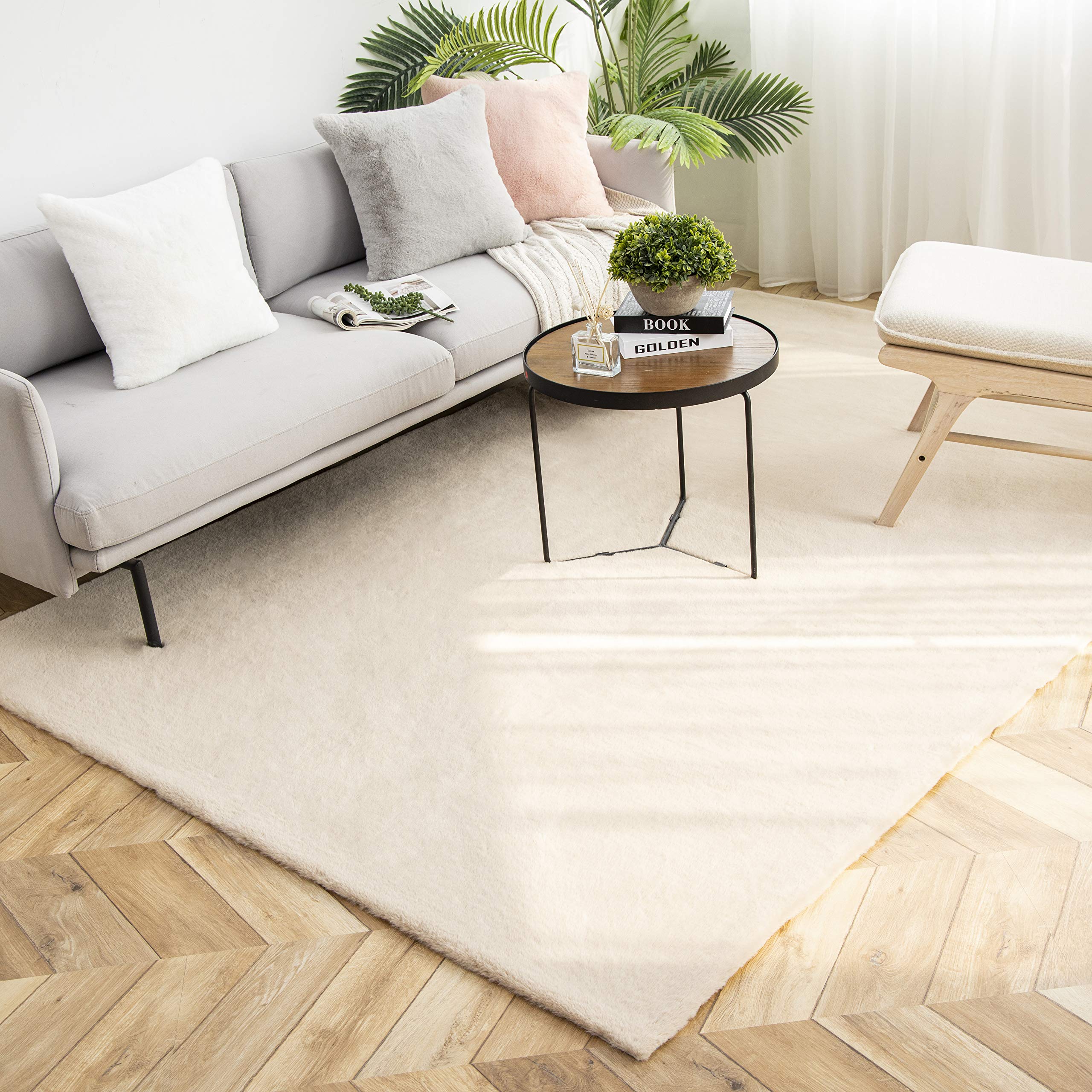 Ashler Faux Fur Rug, Ultra Soft Faux Rabbit Fur, Beige Area Rugs, 5 x 7 Feet Rectangle, Machine Washable Nursery Decor Throw Rugs for Bedroom, Kids