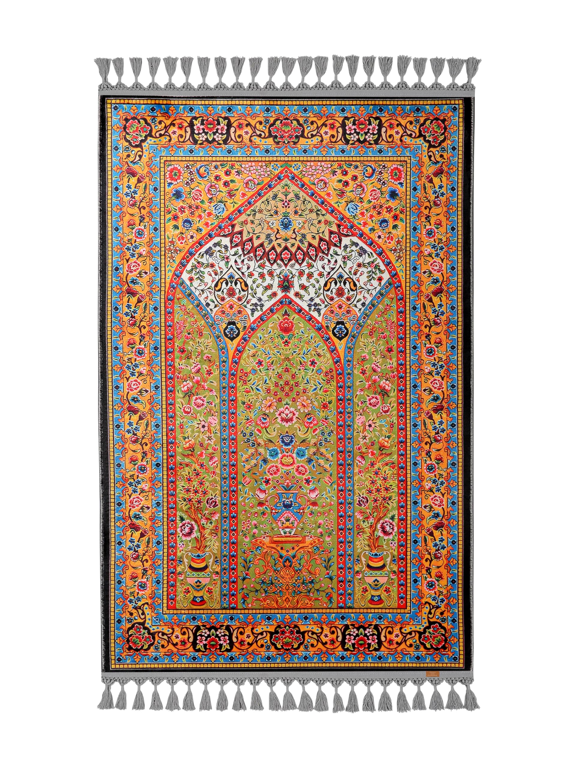 Alfombra tradicional turca hecha a mano con borlas y diseño floral multicolor