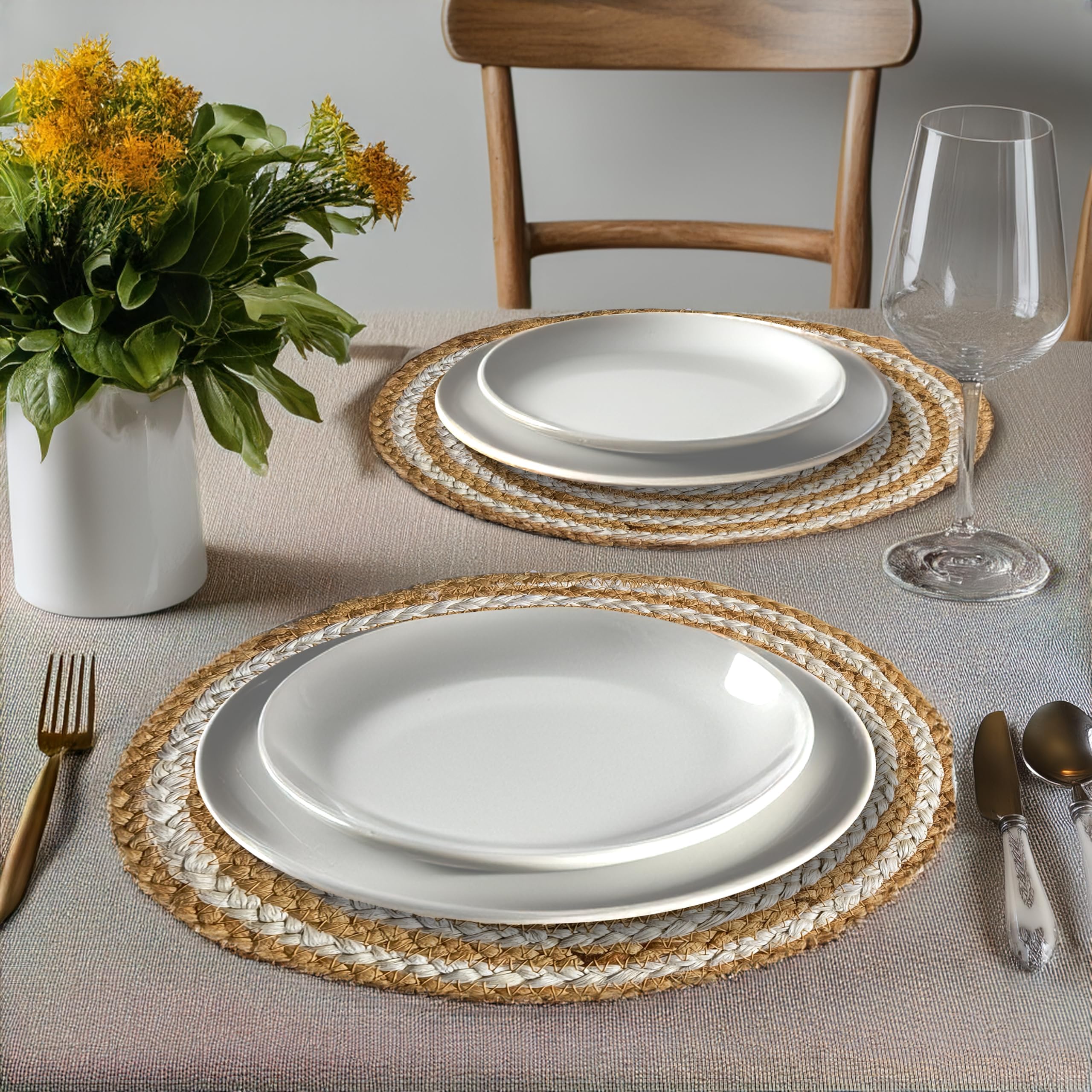 Water Hyacinth Placemat Set of 6 Jute Plate Mats Nonslip Boho Braided 12x12 Inch (Brown)