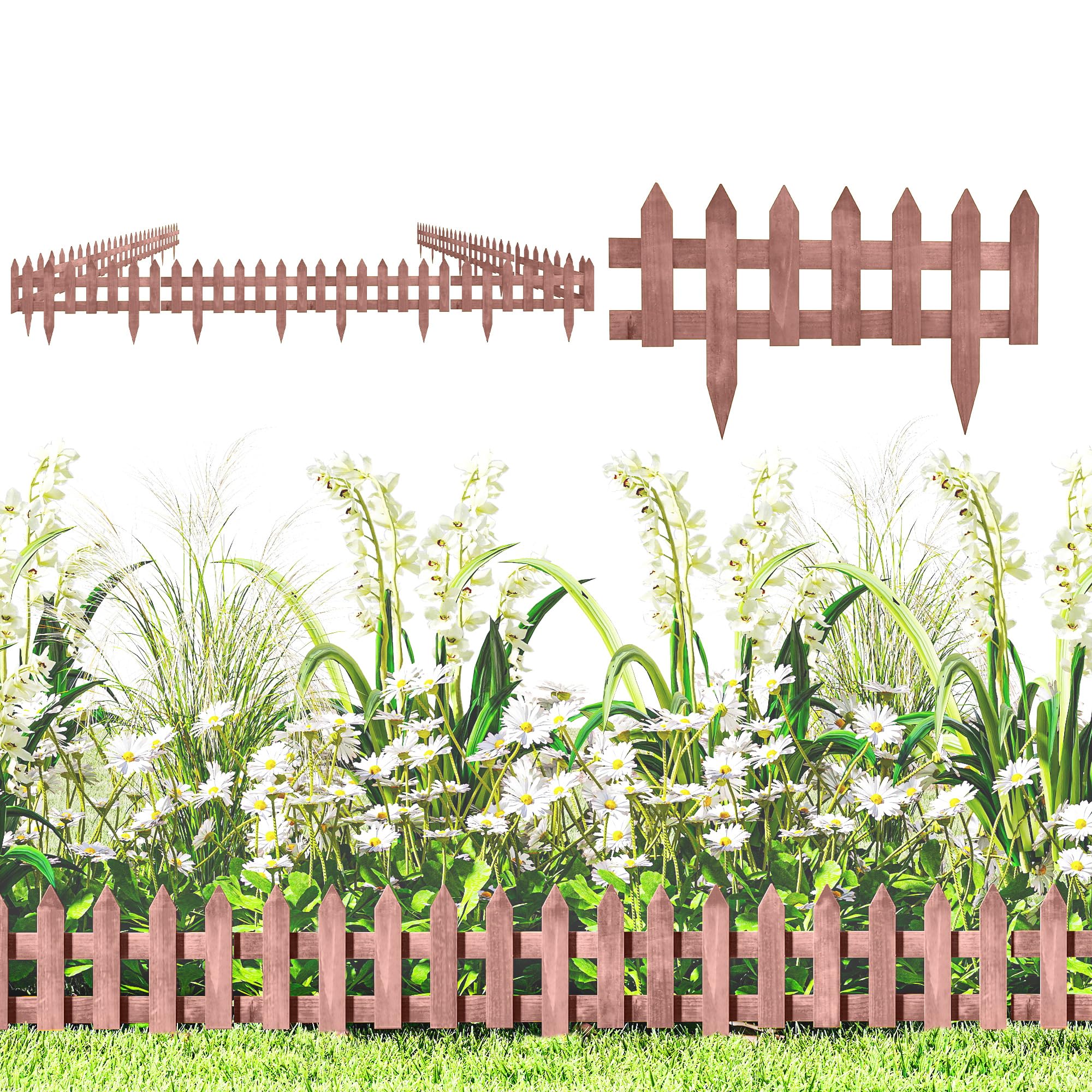 Outsunny Pack of 12 Wooden Border Fences, Garden Fixed Picket Fence for Lawn Edging, Flowerbed, 60L x 1D x 34H cm, Rustic Brown