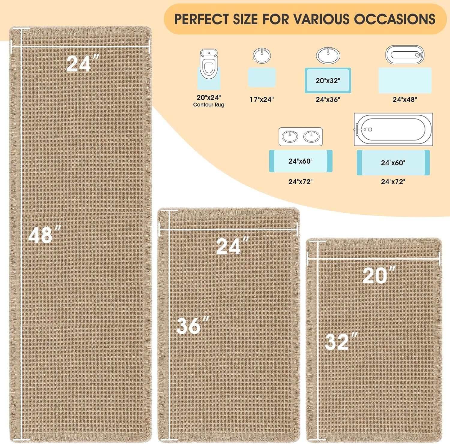 IM HOME Waffle Bath Mat Set 3 Piece Beige,Woven Modern Bath Rug Mats, Absorbent Non Slip Bath Floor Mat, Soft Washable Boho Bath Rugs with Tassels for Bathroom, Bedroom, Kitchen,Tub