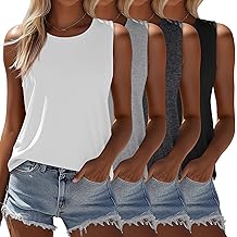 Paquete de 4 camisetas sin mangas para mujer, camisetas informales de verano holgadas, camisetas sin mangas tipo t&uacute;nica de color s&oacute;lido, cuello redondo para mujer