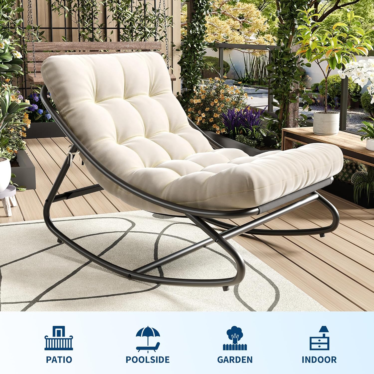 GarveeHome Indoor Outdoor Papasan Rocking Chair, Oversized Papasan Rocking Chair with Thick Cushion, 450 LBs Support, Comfy Rocking Egg Chair for Bedroom, Living Room, Porch, Garden, Patio - White