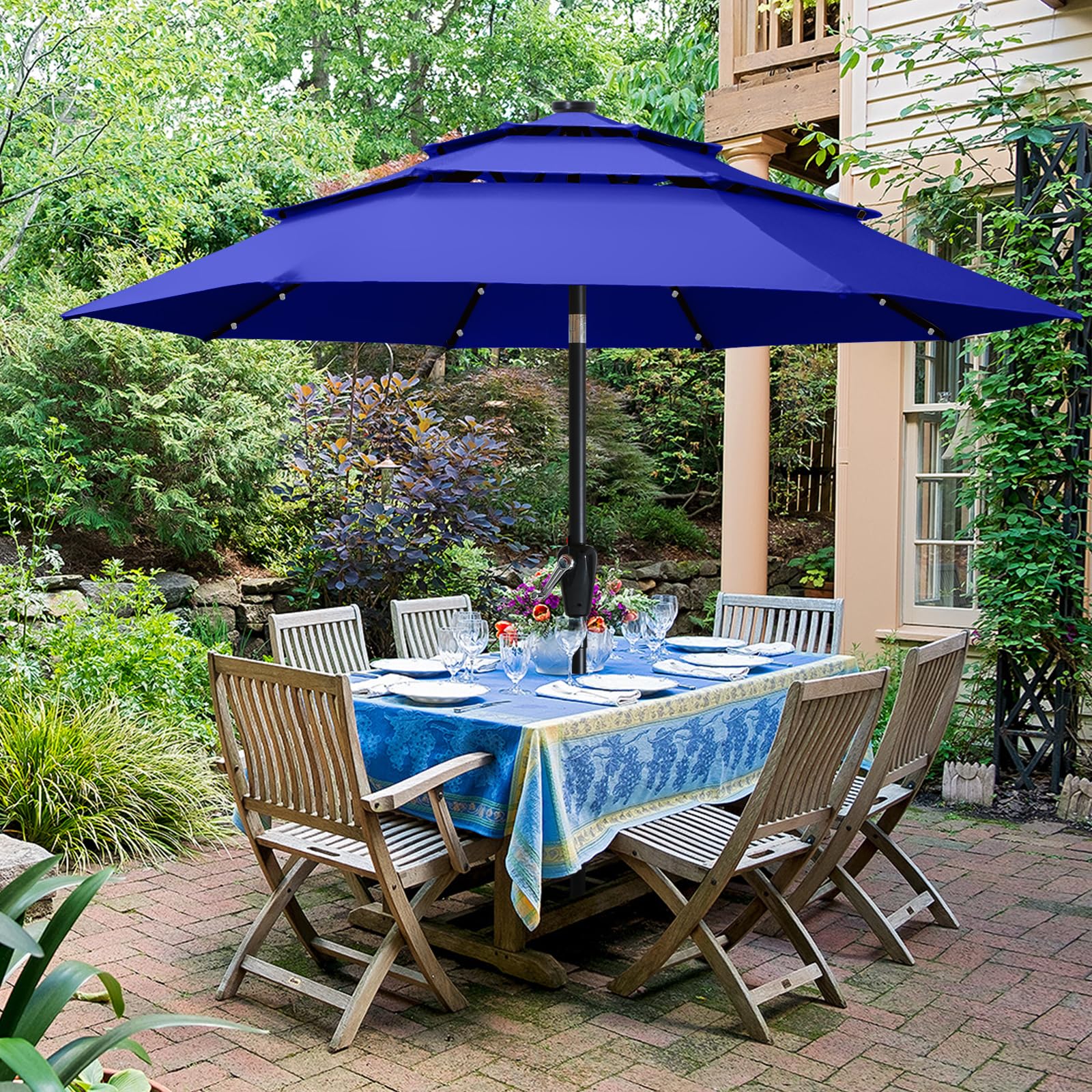 ABCCANOPY 3-Tiers 9FT Solar Patio Umbrella, Outdoor Umbrella with 32 LED Lights for for Deck, Pool, Garden, Backyard (Blue) : Patio, Lawn & Garden
