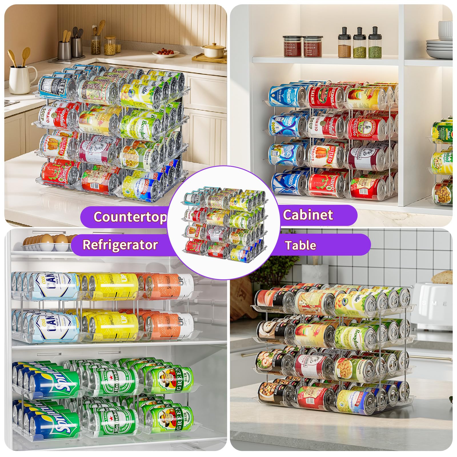 Organizador de latas para despensa y refrigerador, 3 juegos de estantes de almacenamiento de 4 niveles con capacidad para 48 latas, organizador de alimentos enlatados transparente apilable (4 niveles