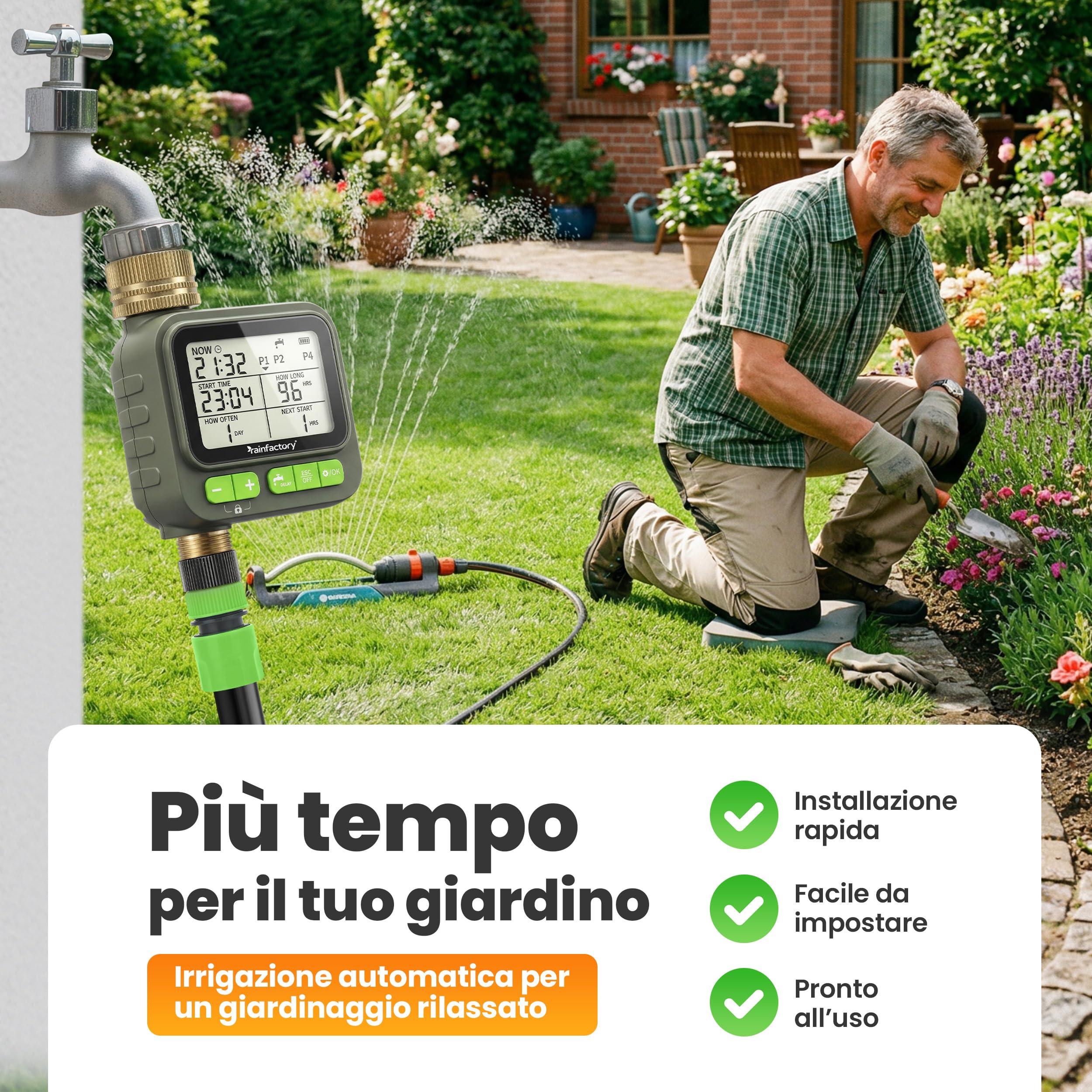 rainfactory - timer irrigazione automatico 1 via, centralina irrigazione a batteria IP65 con display LCD, 4 programmi, manuale, delay pioggia, raccordo ¾" per giardino, balcone, vasi, goccia a goccia!