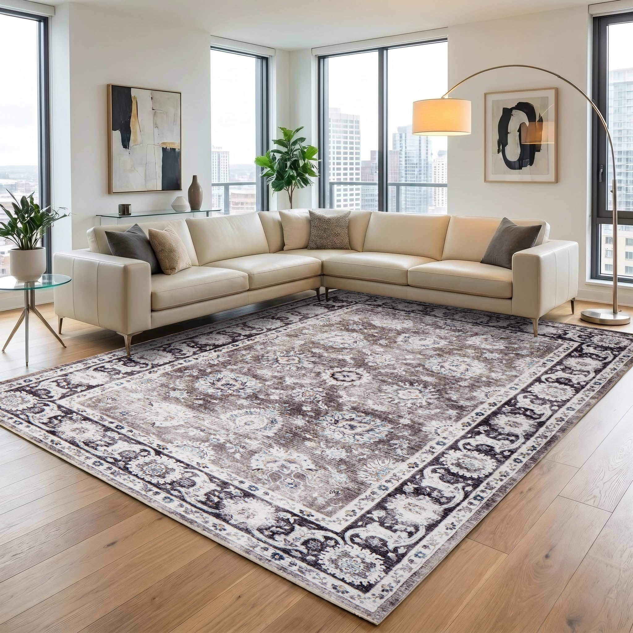 Hafaa Machine Washable Rugs Living Room 120 x 170 cm – Brown Soft Short Pile Large Area Rugs For Bedroom Lounge, Kitchen Carpet Non Slip Traditional Floral Design Vintage Boho Cashmere Rug, Harmony — image 1