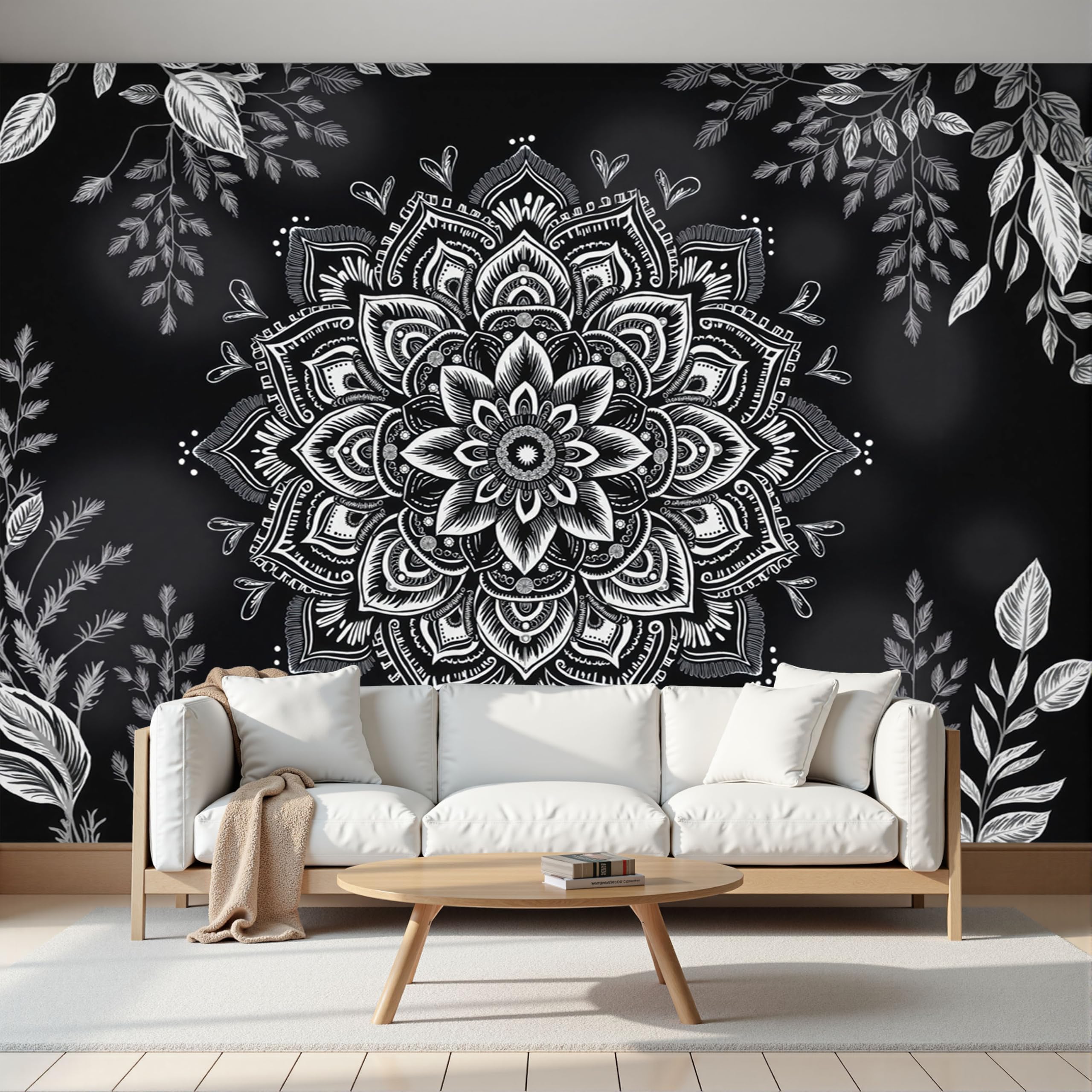 Linee Mandala Per La Meditazione Carta da Parati Panoramica in Seta, Boemia per Soggiorno Camera Ristorante Camera dei Bambini e Decorazione da Parete Nero, 300 x 210 cm