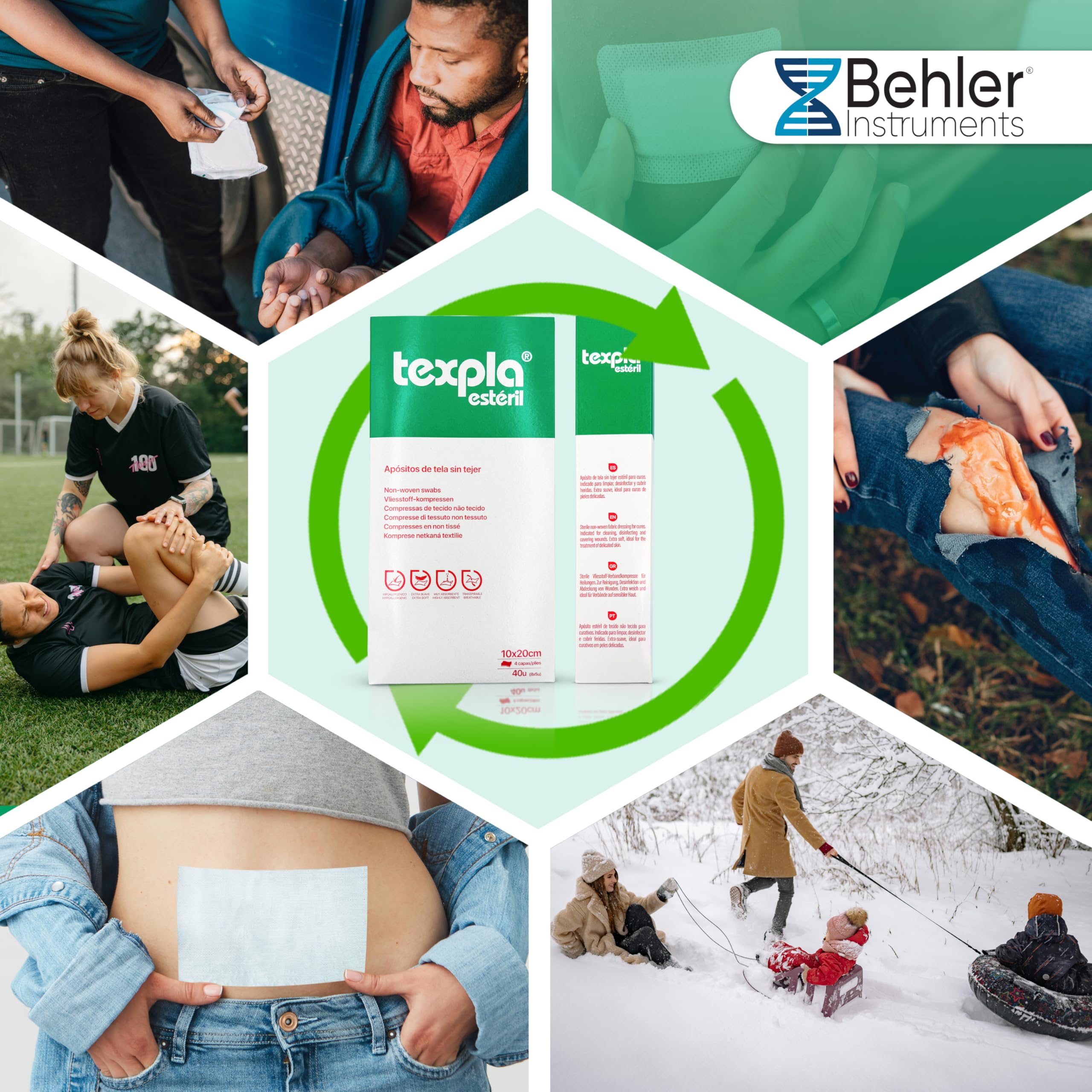 Texpol - Apósitos Estériles de Tejido Sin Tejer - Caja de 40 Unidades (8 Sobres de 5 Apósitos de 10x20, Perfectos para el Cuidado Médico y de Heridas en Casa, Hipoalergénicos (Paquete de 4)