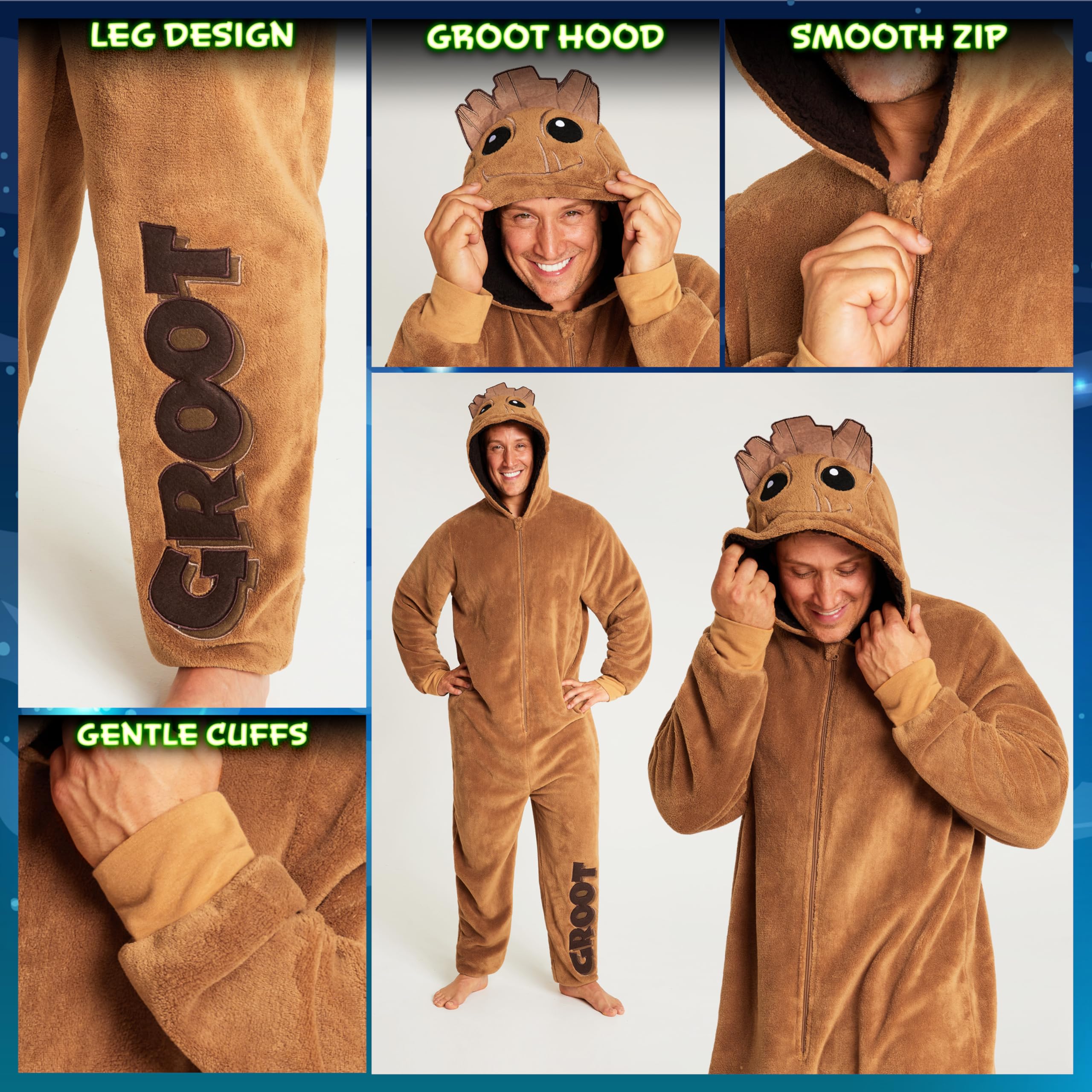 Marvel Męski kombinezon piżamowy - Polarowy kombinezon dla dorosłych - Onesie dla dorosłych humorystyczny nastolatek Groot Avengers S - XXXL, Brązowy, XXL
