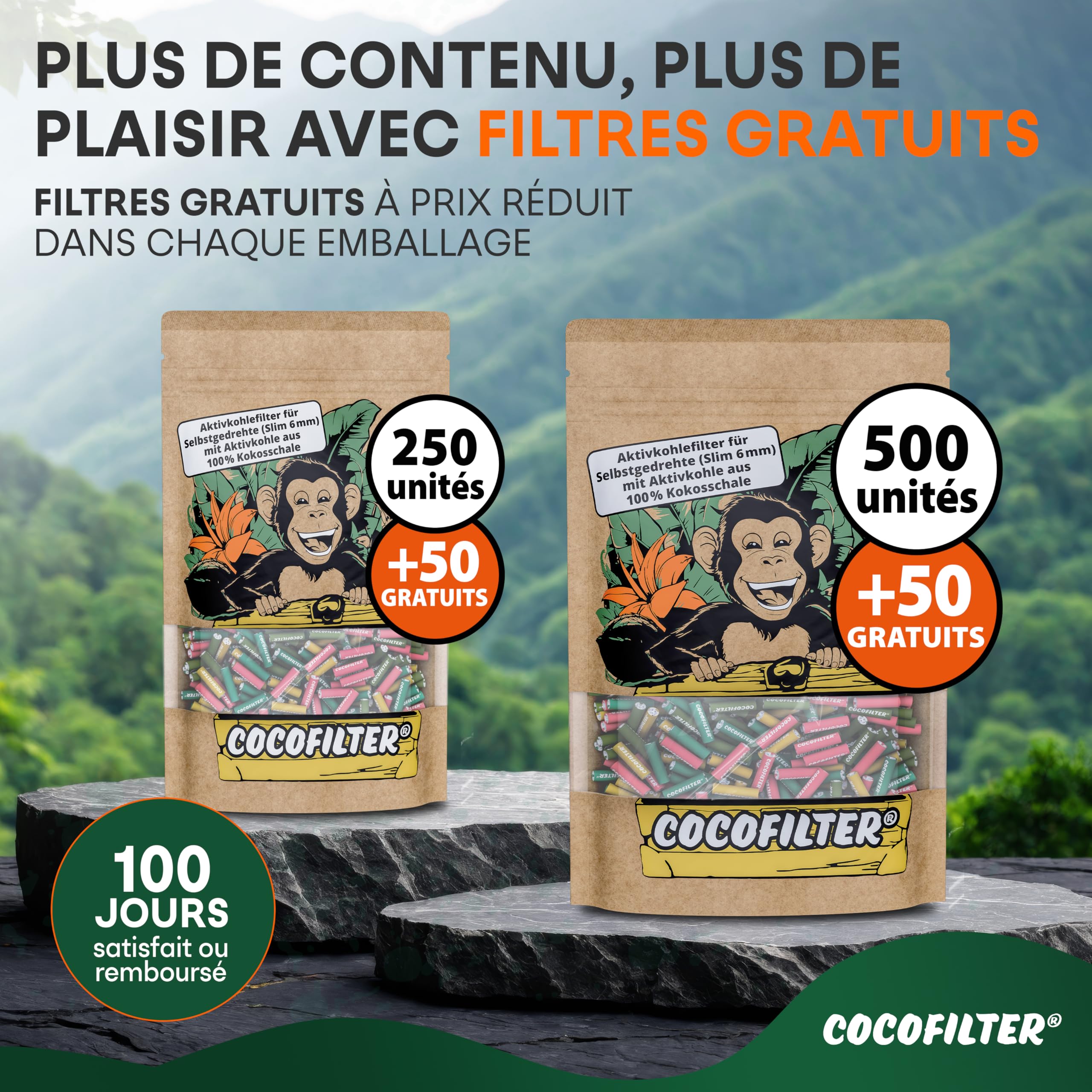 Filtres au charbon actif 6mm en coque de coco [500 + 50 pcs.] | 550 Filtres slim naturels avec embouts en céramique pour cigarettes roulées, 27mm chacun, dans un sachet refermable