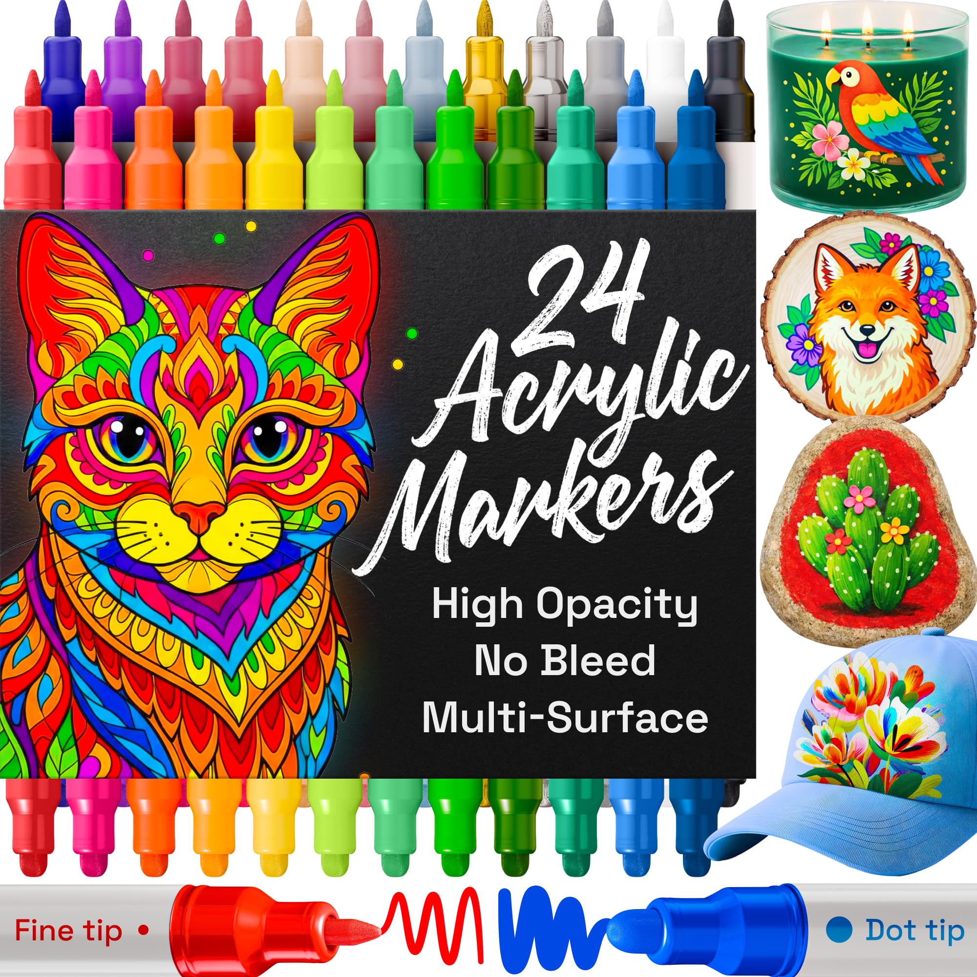 ARTISTRO 24 Acrylic Paint Markers for Rock, Fabric, Wood, Glass, Decoration - Dual-Tip Paint Pens for Coloring Books for Adults, Teens, Kids - Art and Craft Supplies Kit - Gift Idea