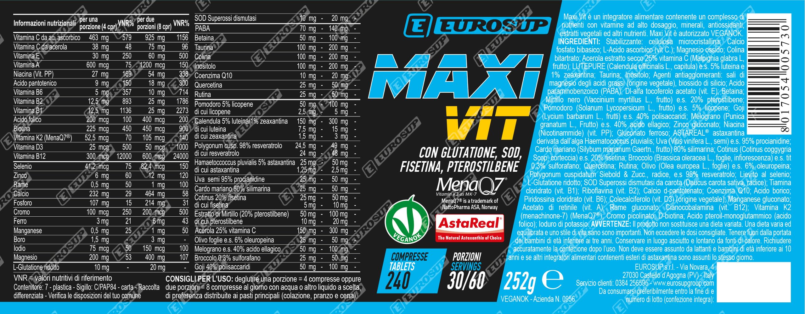 EUROSUP MAXI VIT – Multivitaminico Avanzato | 47 Nutrienti | Vitamine, Minerali, Antiossidanti, Fitonutrienti | Coenzima Q10, Resveratrolo, Glutatione | Supporto Energia, Metabolismo, Vitalità