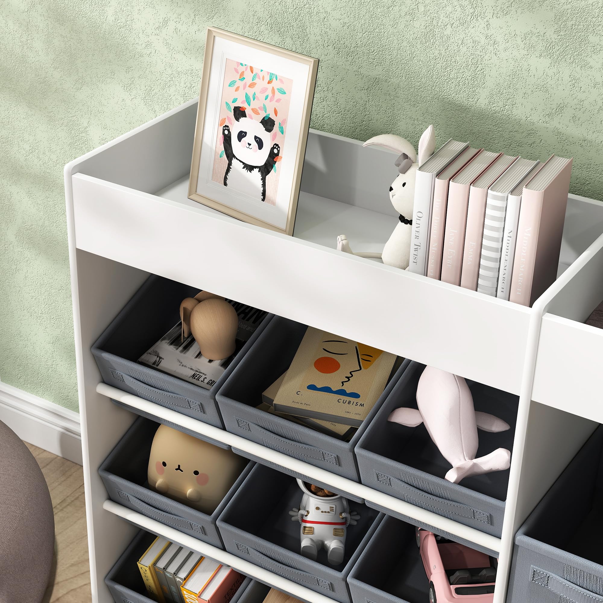 AIYAPLAY Étagère de Rangement Enfant pour Jouets et Livres, avec 11 bacs de rangements en Tissu Non tissé et Un Cabinet sur roulettes, pour Chambre, Salon, Salle de Jeu, 105x30x80cm, Blanc