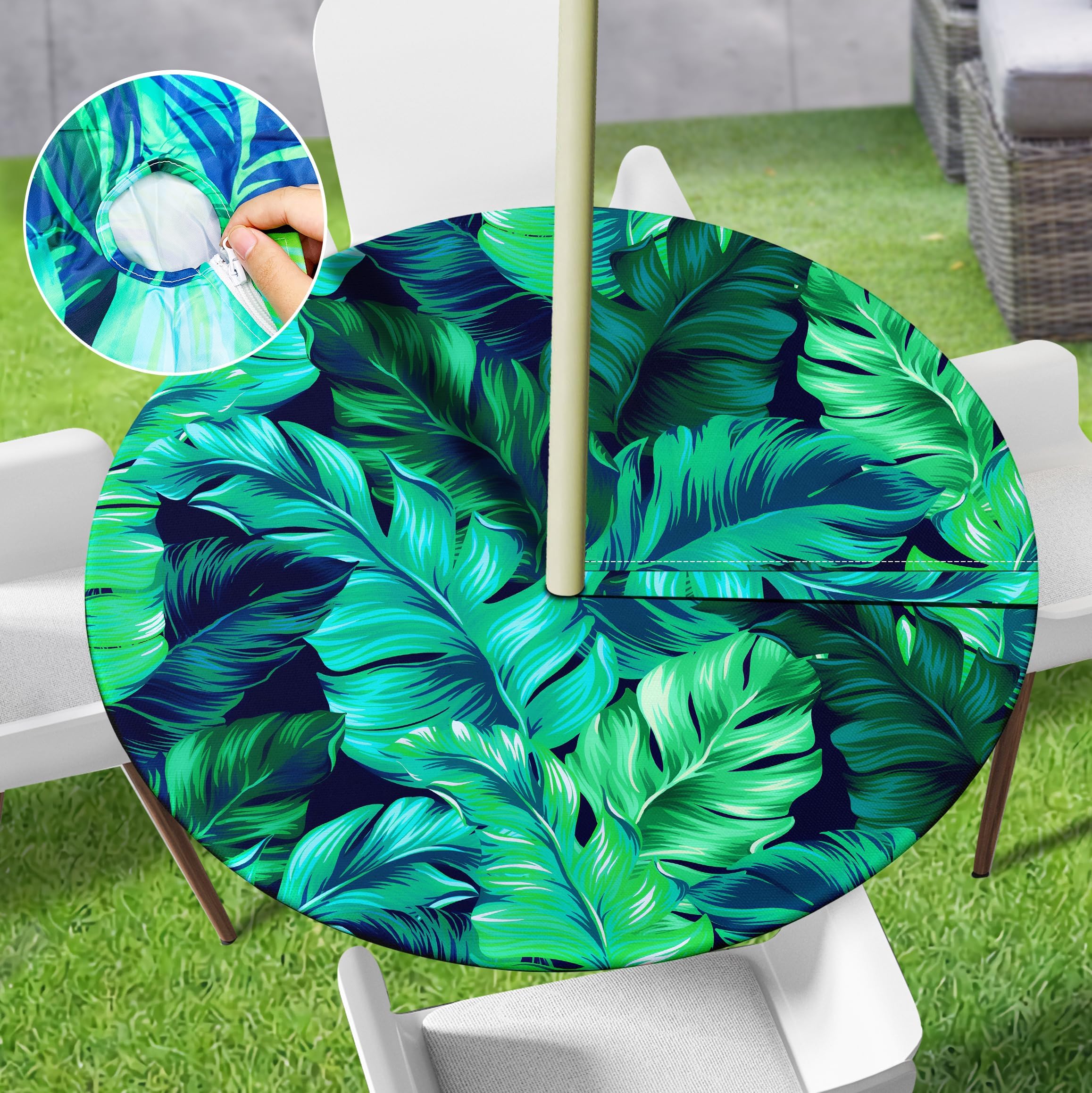 Eiuflka Round Fitted Tablecloth with Elastic Tropical Palm