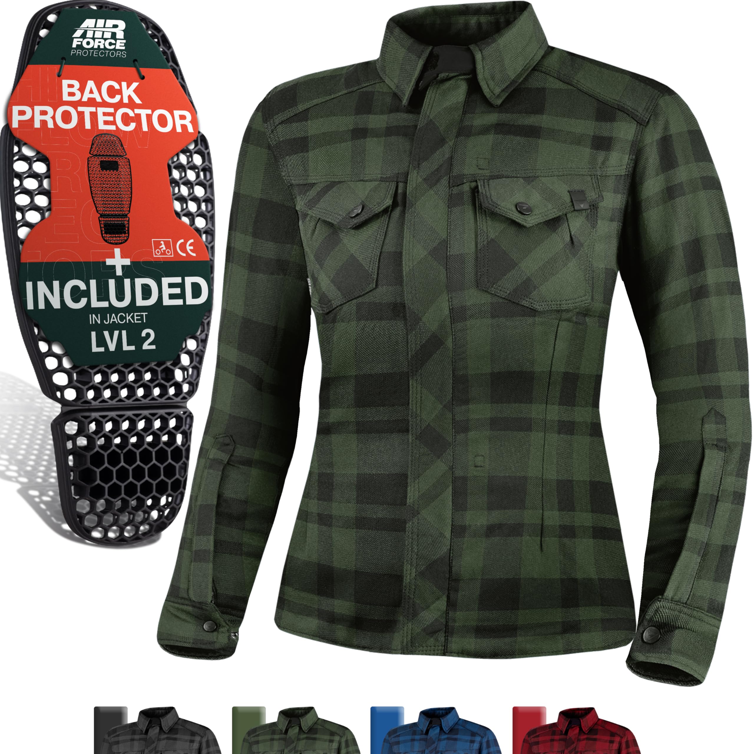 SHIMA RENEGADE LADY 2 Motorcycle Shirt for Women - Armored Plaid Biker Flannel Jacket with FiberQL - Aramid and Cooling layer, CE Back, Shoulder, Elbow Protectors, Zipper and Snap Closure (Green, XXL)