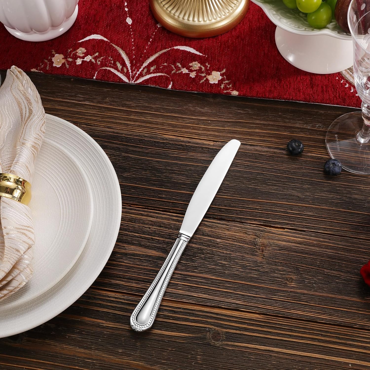 KEAWELL Pearl Edge 4-Piece Premium Dinner Knives: Stainless Steel Table Knives with a Refined Bead Design, Brightly Polished, 9.6 Inches, Dishwasher Safe. (Silver)