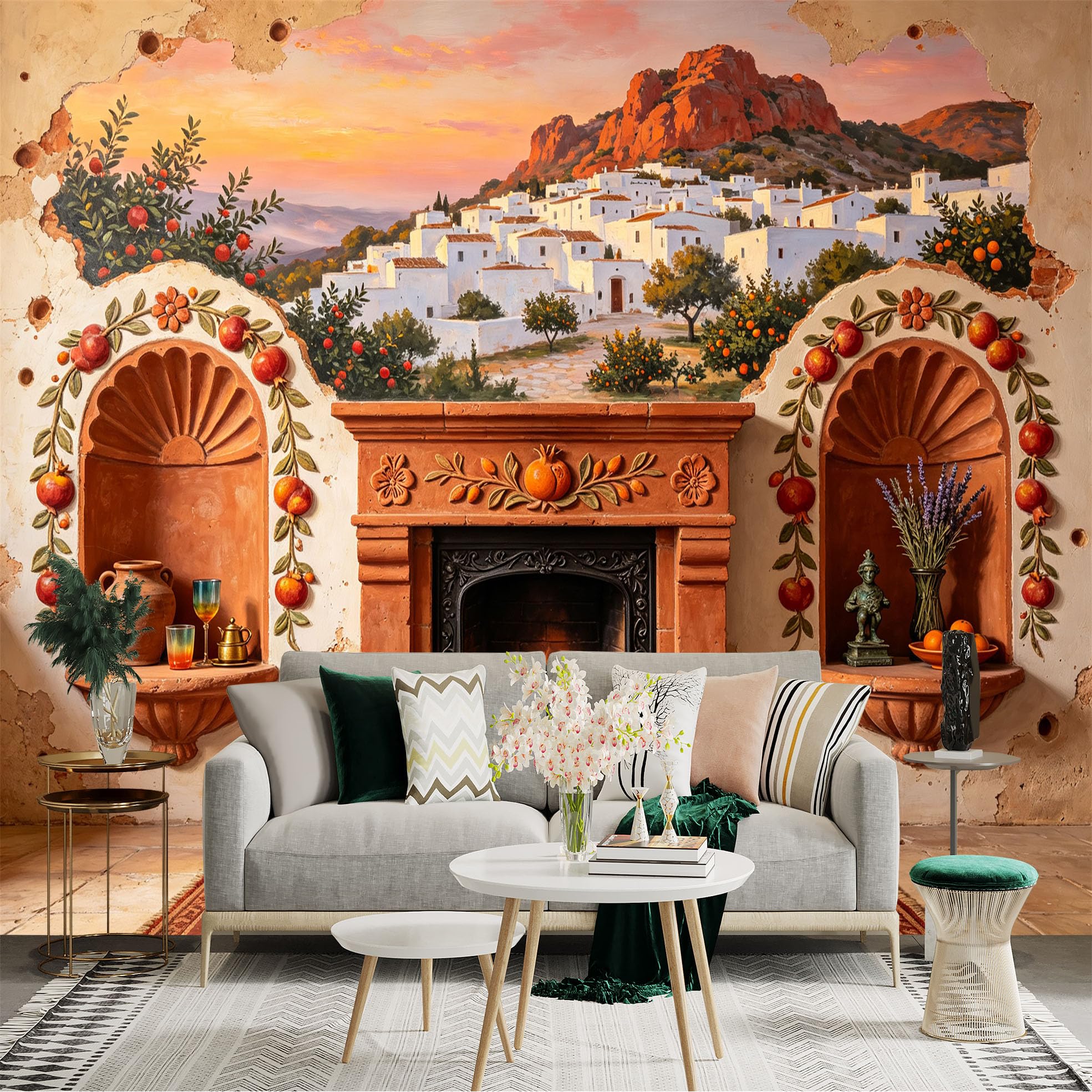 Lnzczhyre Bh260719682 Custom Size Wall Sticker Mural， Mediterranean Village Landscape， Pomegranate Tree Motif， Rustic Stone Fireplace Decor， For Wall Decoration， Peelandstick Wall Decals.