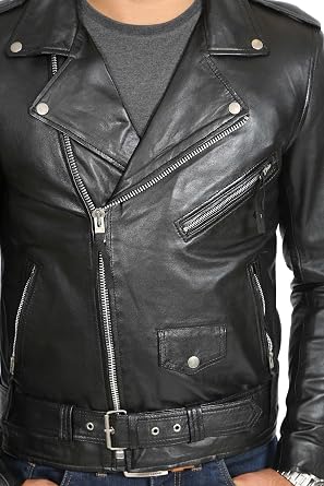A1 FASHION GOODS Mens Black Leather Biker Jacket Fitted With Belt Classic Retro Brando Style Coat - Elvis
