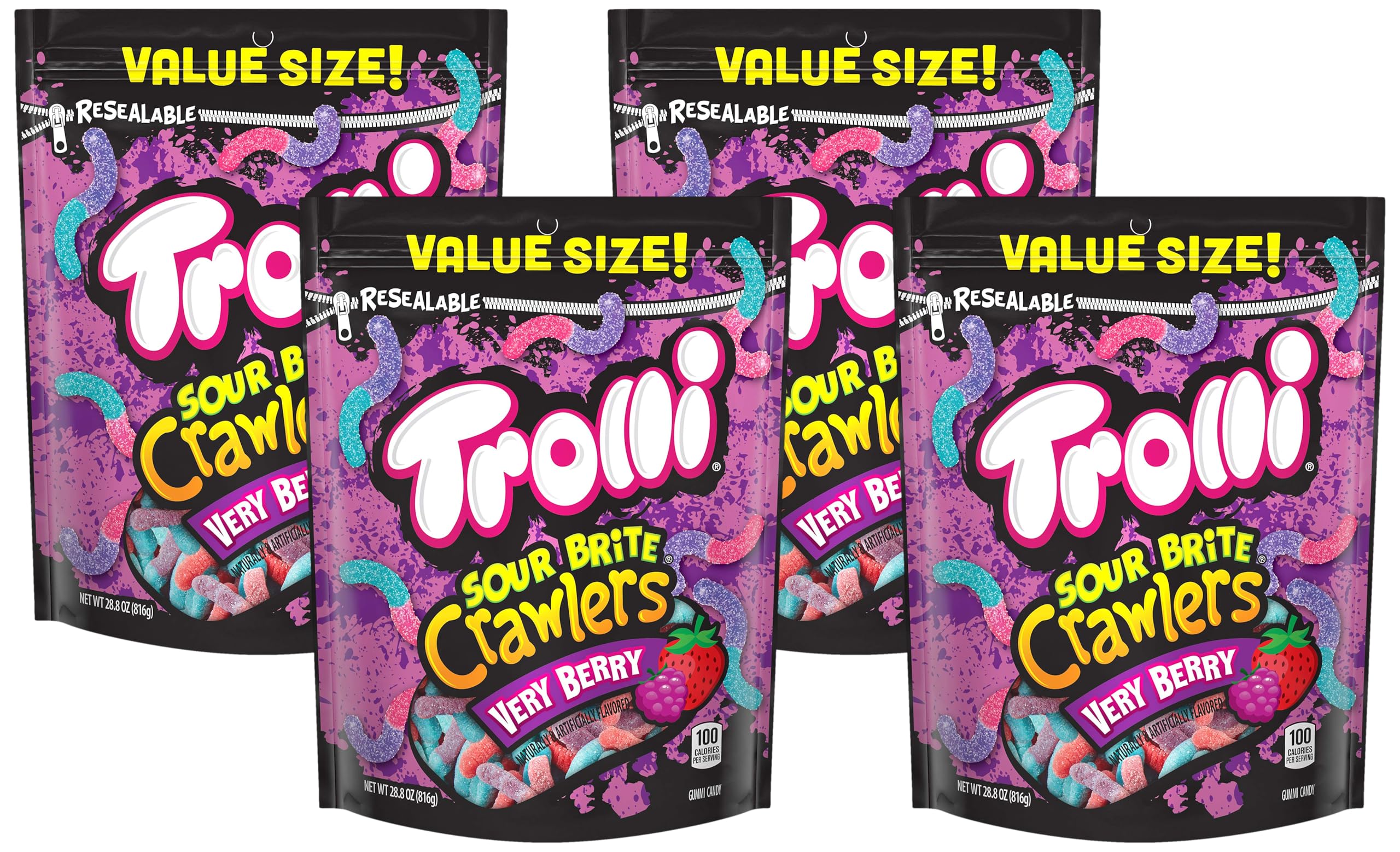 Trolli Sour Brite Crawlers, Very Berry, Sour Gummy Worms, 28.8 Ounce Resealable Bag (Pack of 4)