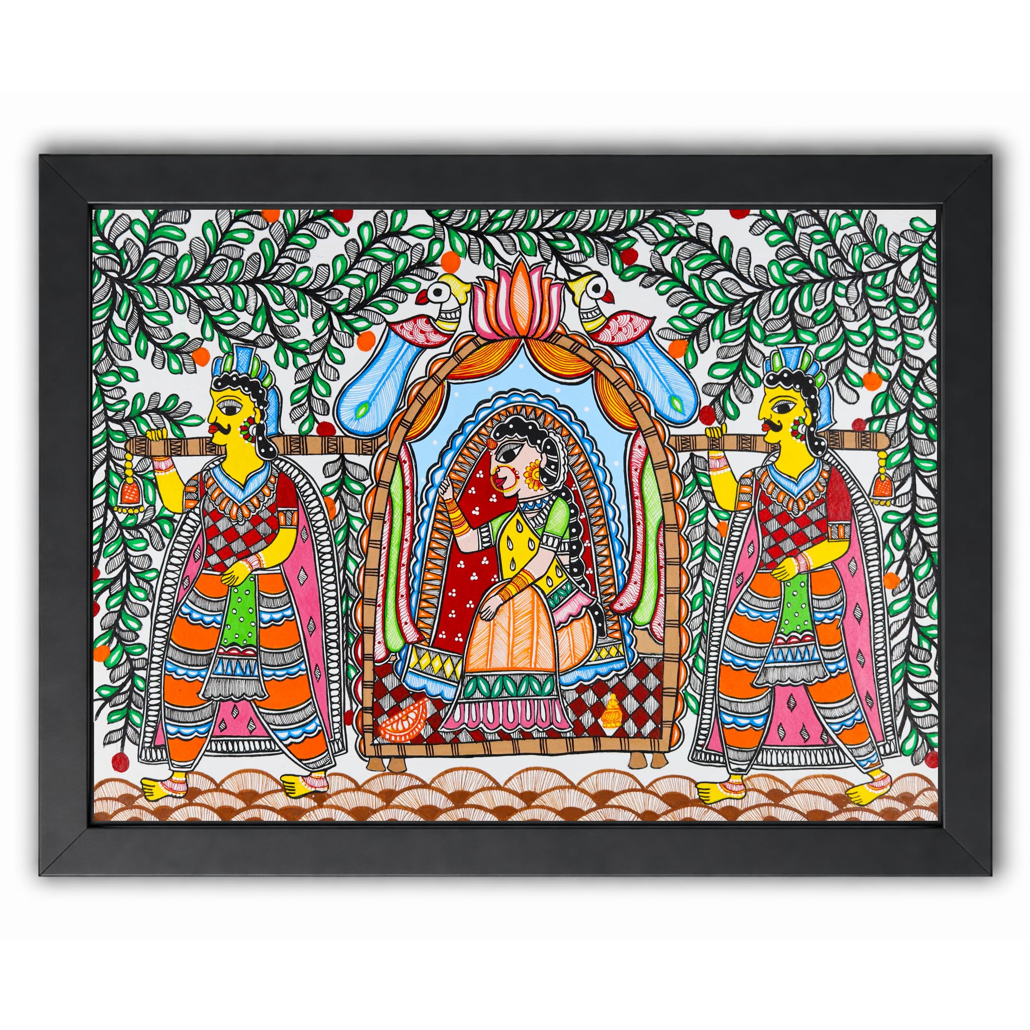 AAKARSHAK Mithila Doli Kahar Painting with Frame Handmade Large 24x17 Inch - Madhubani Bidai Wedding Wall Art for Living Room Hall Decor Gift