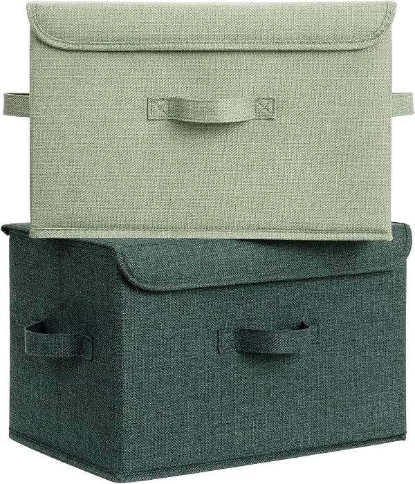 GRANNY SAYS caja de almacenamiento para recuerdos, contenedores de tela con tapa | tapa abatible, plegable, apilable, 3 asas, ideal para armario, ropa, mantas, juguetes, grande, verde salvia y verde oscuro, pack de 2