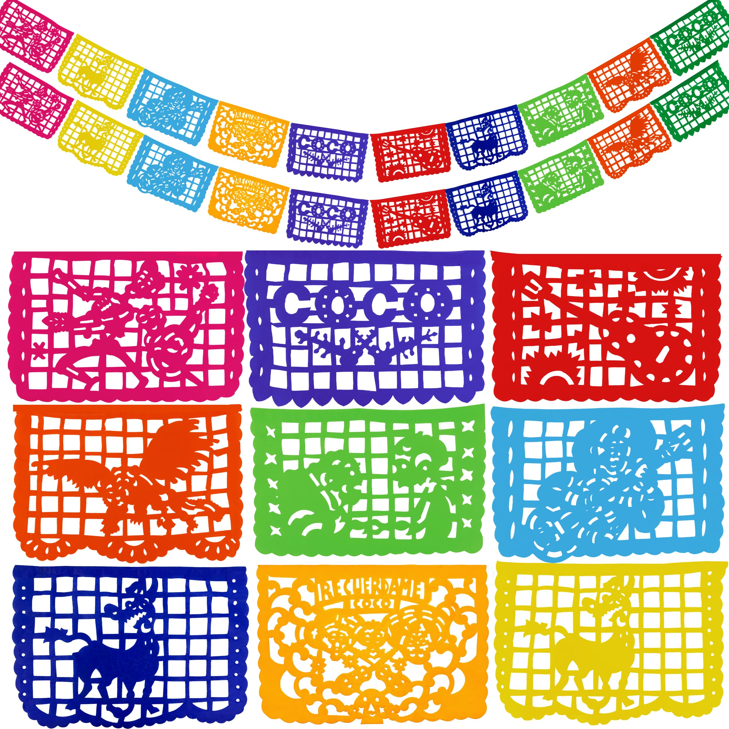 Dia de los Muertos Party Decorations, Mexican Papel Picado with Coco-Inspired Characters and Scenes (Paper, 2x15-ft, 30-ft Total)