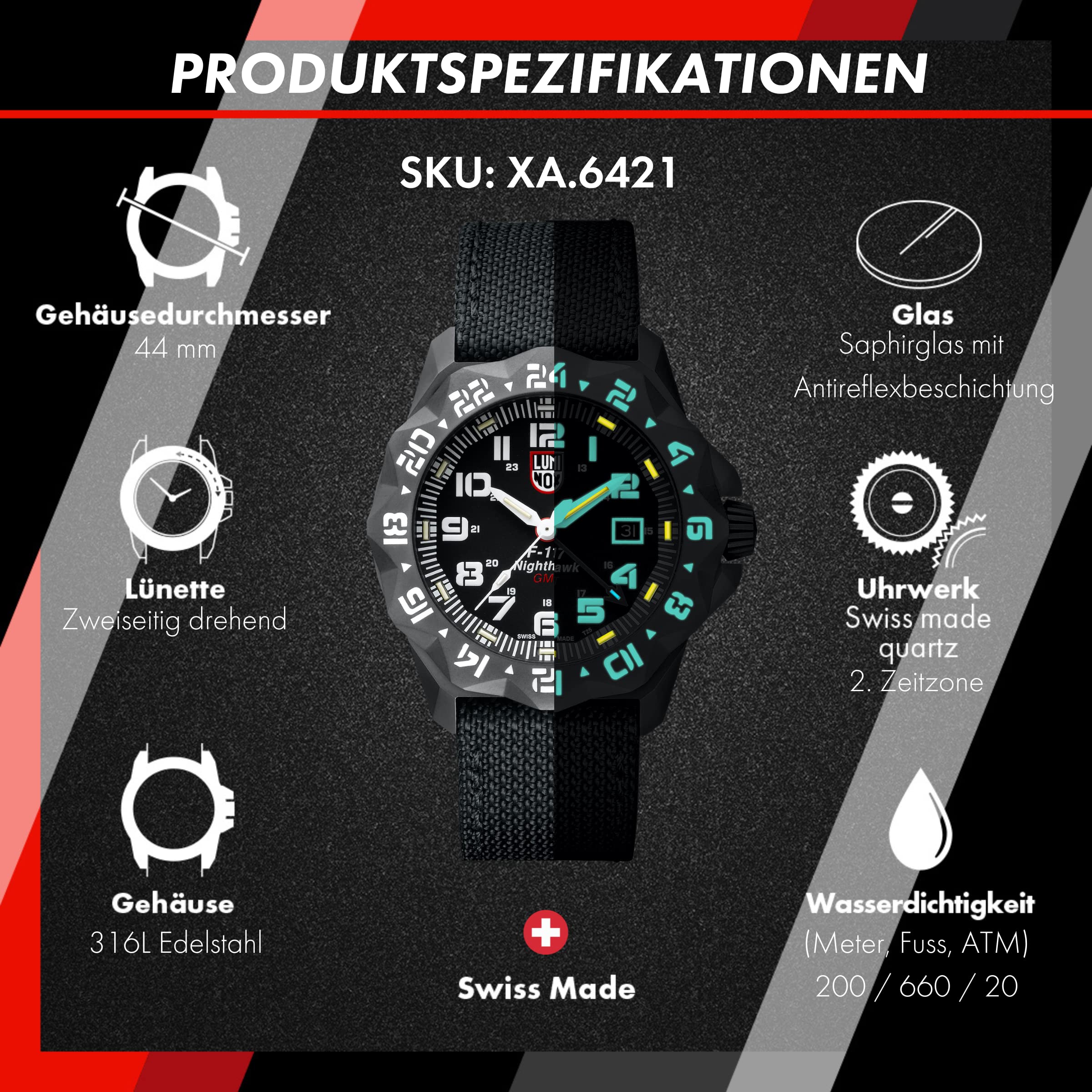 Luminox – F-117 Nighthawk HerrenUhr 44 mm, 6400 Serie, Pilotenuhr Edelstahl, Swiss Quarz Uhr, Zweite Zeitzone, 200 m wasserdicht, Selbstleuchtend