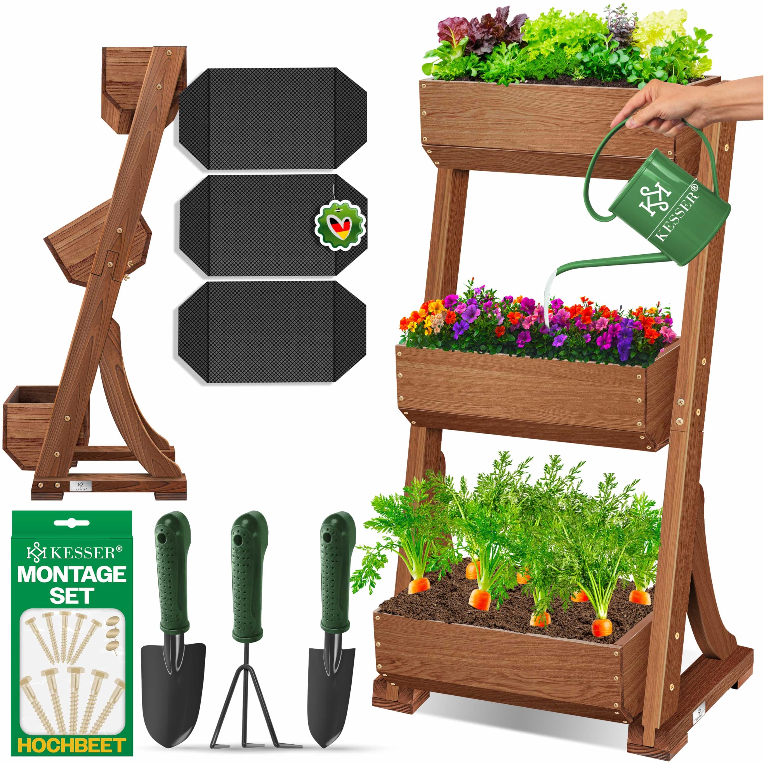KESSER® Hochbeet mit 3 Etagen Premium Blumenkasten Blumentreppe Pflanztreppe Gemüsebeet Kräuterbeet Pflanzkübel Frühbeet Blumenbeet Pflanzkasten mit Gartenvlies - Beet inkl. Schaufelset, Braun