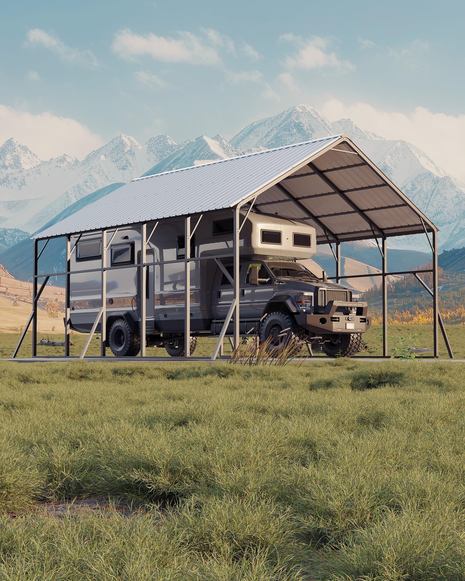 Garvee 20x25 ft Metal Carport Kit, 120° Steep-Pitch Vertical Roof for Snow Shedding, 173" High-Clearance RV &amp; Tractor Shelter, Heavy-Duty 2 Cars Car Port with Reinforced Frame
