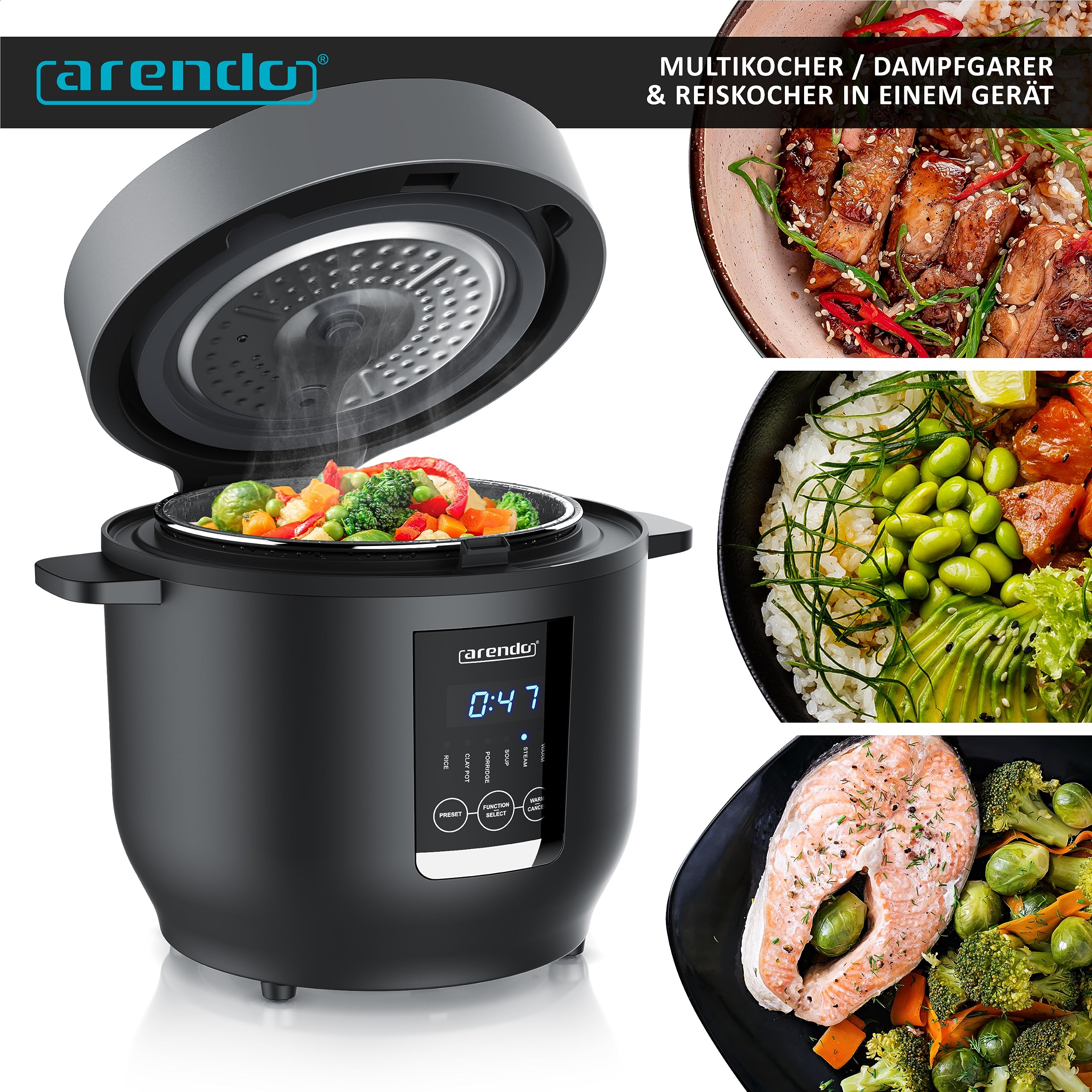 Arendo - digitaler Multikocher 2 Liter 350 Watt Multikocher mit Dampfgareinsatz und Messbecher, Reiskocher Multicooker – 5 Kochprogramme – Timer – antihaftbeschichtet – BPA-frei
