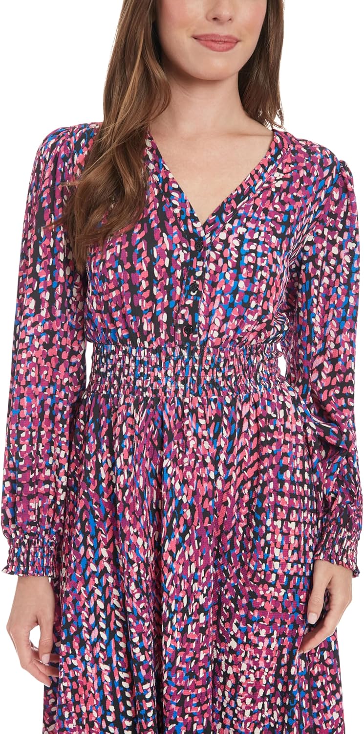 London Times Women's Long Sleeve V-Neck Midi Elastic Waist Flowy Skirt-Versatile Cocktail Wedding Guest Dress - Image 2