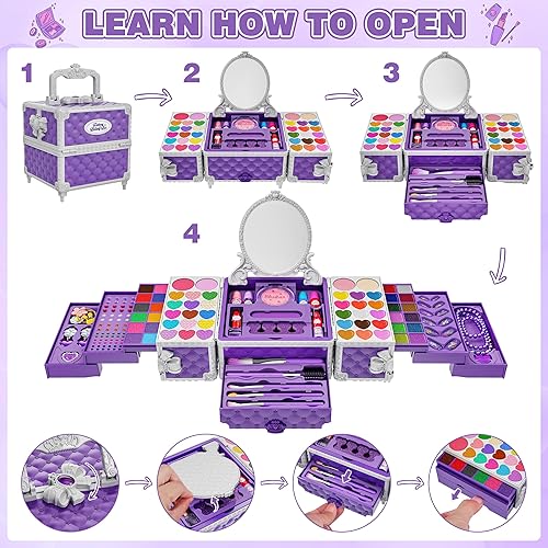 Miniatura 4 de Juego de 99 piezas de maquillaje para niñas, juguetes de princesa, juego de cosméticos lavables con espejo, lazos para el cabello, uñas, anillos,