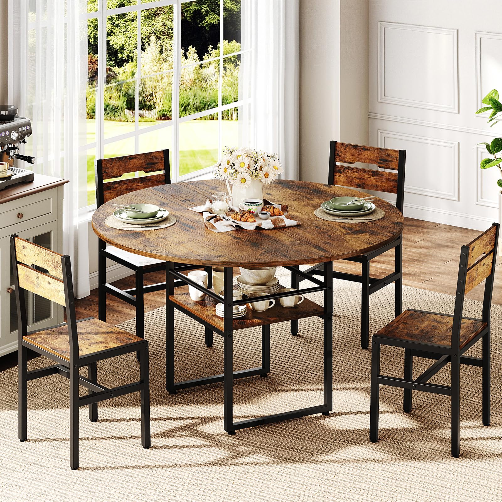 RALGEND 47.2" Round Dining Table Set for 4, Circle Kitchen Table and 4 Chairs, 5 piece Dining Table Set, with Wooden Tabletop and Widen Seat, Space