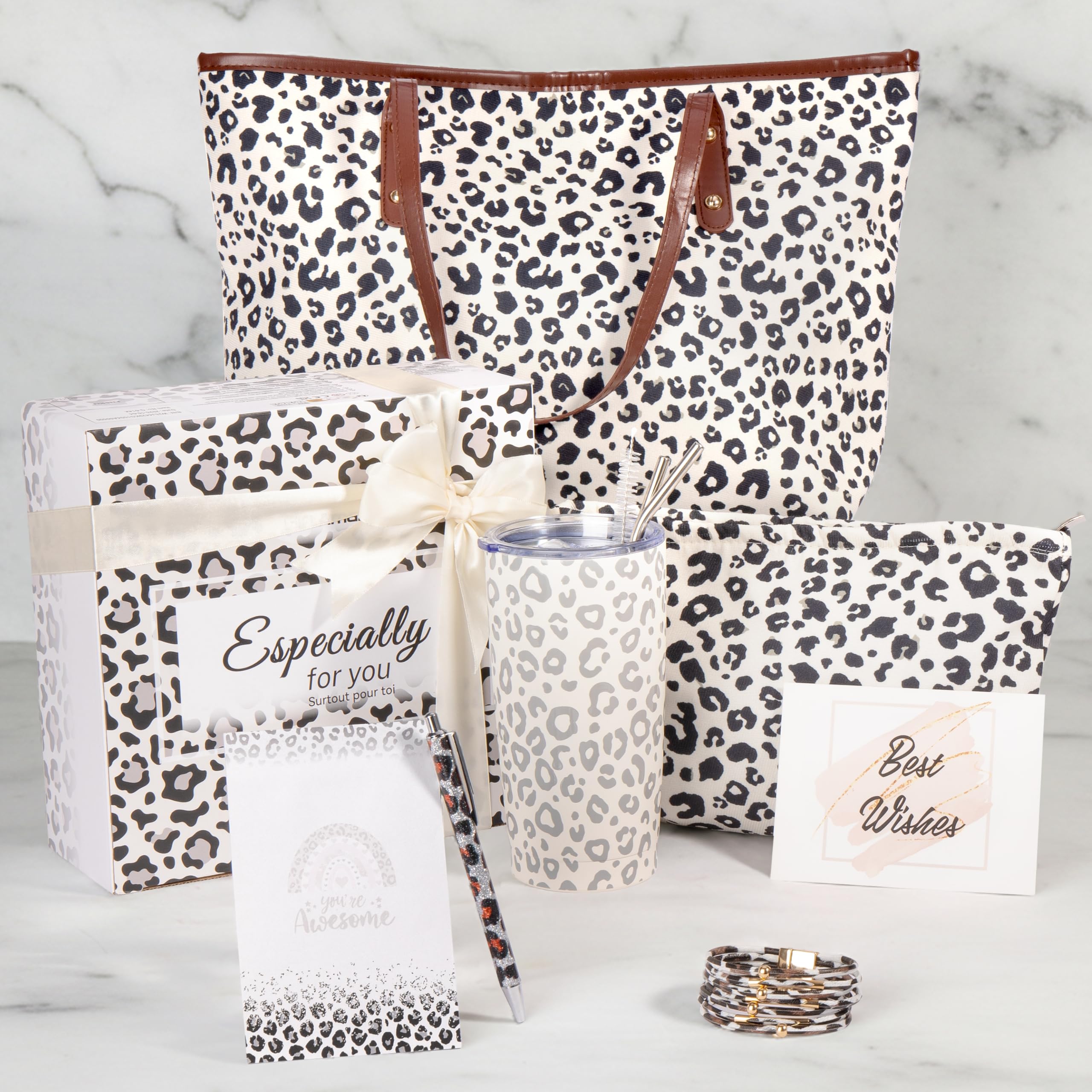 GiftAmaz Leopard Gifts for Women, Leopard Print Get Well Gift with Cheetah Tumbler, Tote Bag, Bracelet, Leopard Themed Gifts Coworker Valentines Day Birthday Gift Basket for Women Girls Mom Wife
