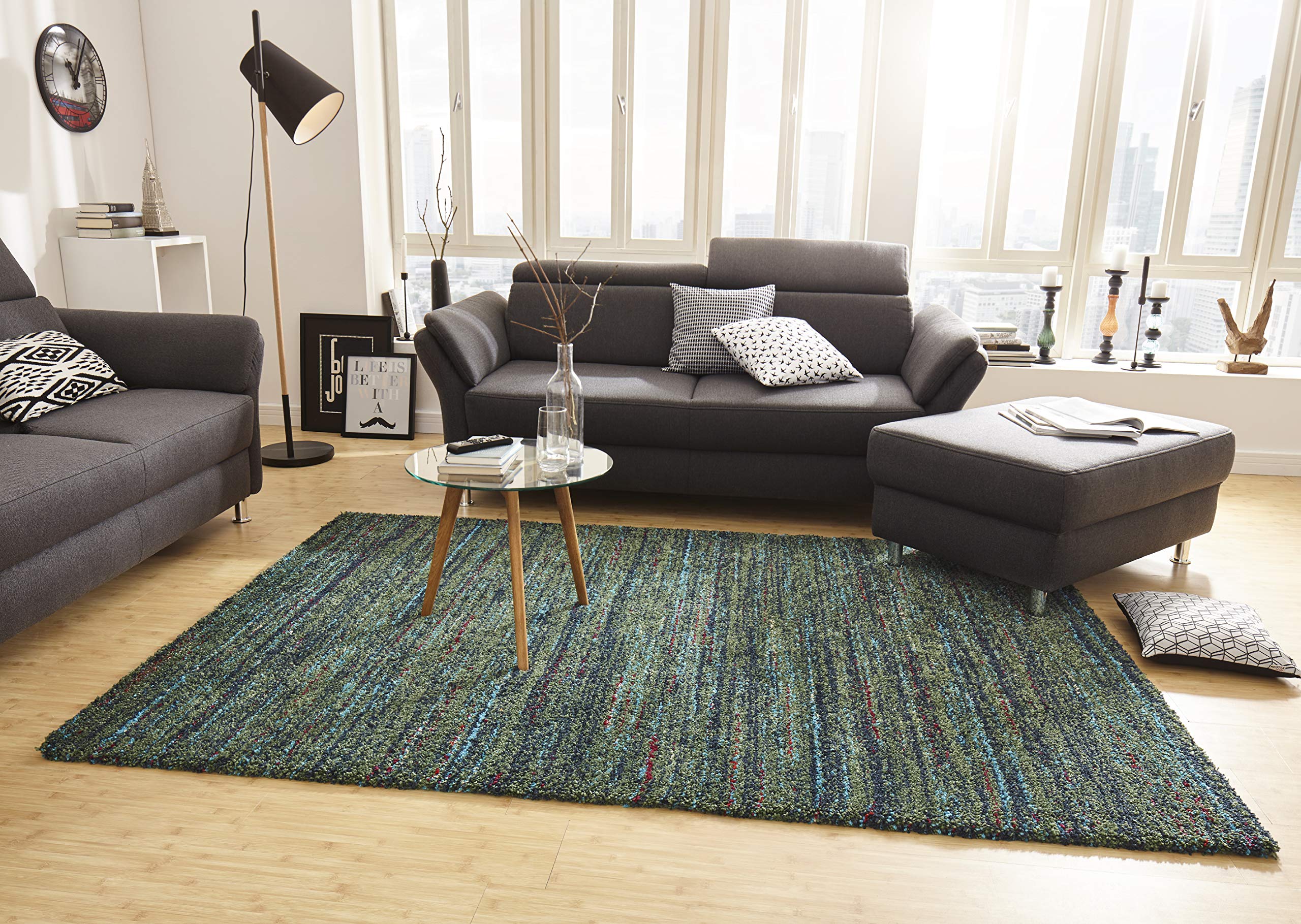 Chic Tapis de Salon, à Poils Longs, Doux et Moelleux, Shaggy Flokati, bohème, Motif à Rayures chiné, pour Chambre d'enfant, Chambre à Coucher, Cuisine, Couloir, Vert, 160 x 230 cm